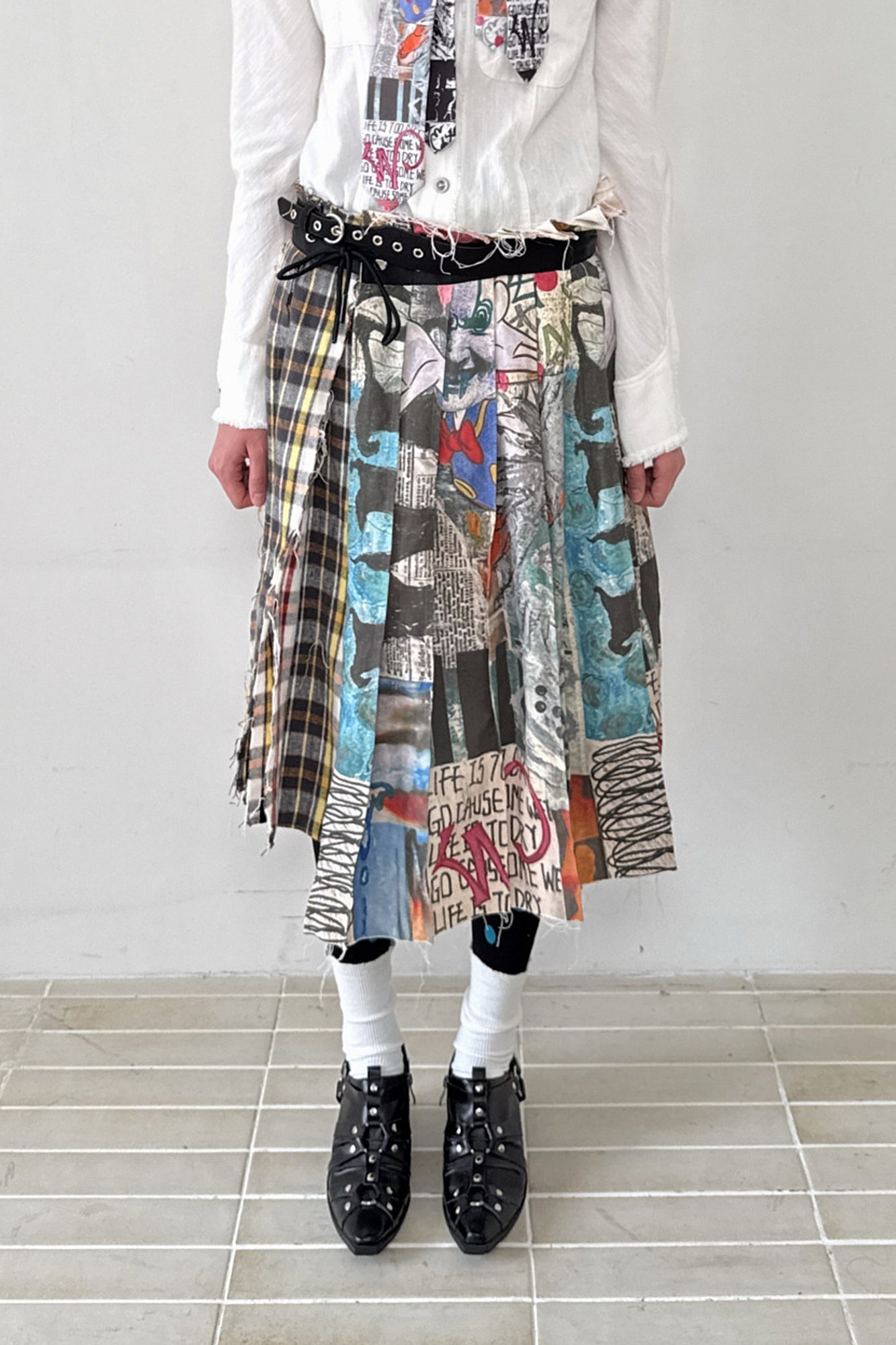 FULLTIDE Graffiti Raw-Edge Belted Plaid Wrap Skirt