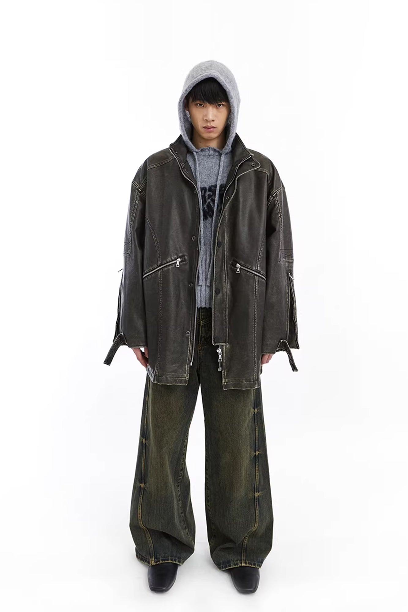 NEVERSEEZ Paneled Faux Leather Washed Utility Jacket