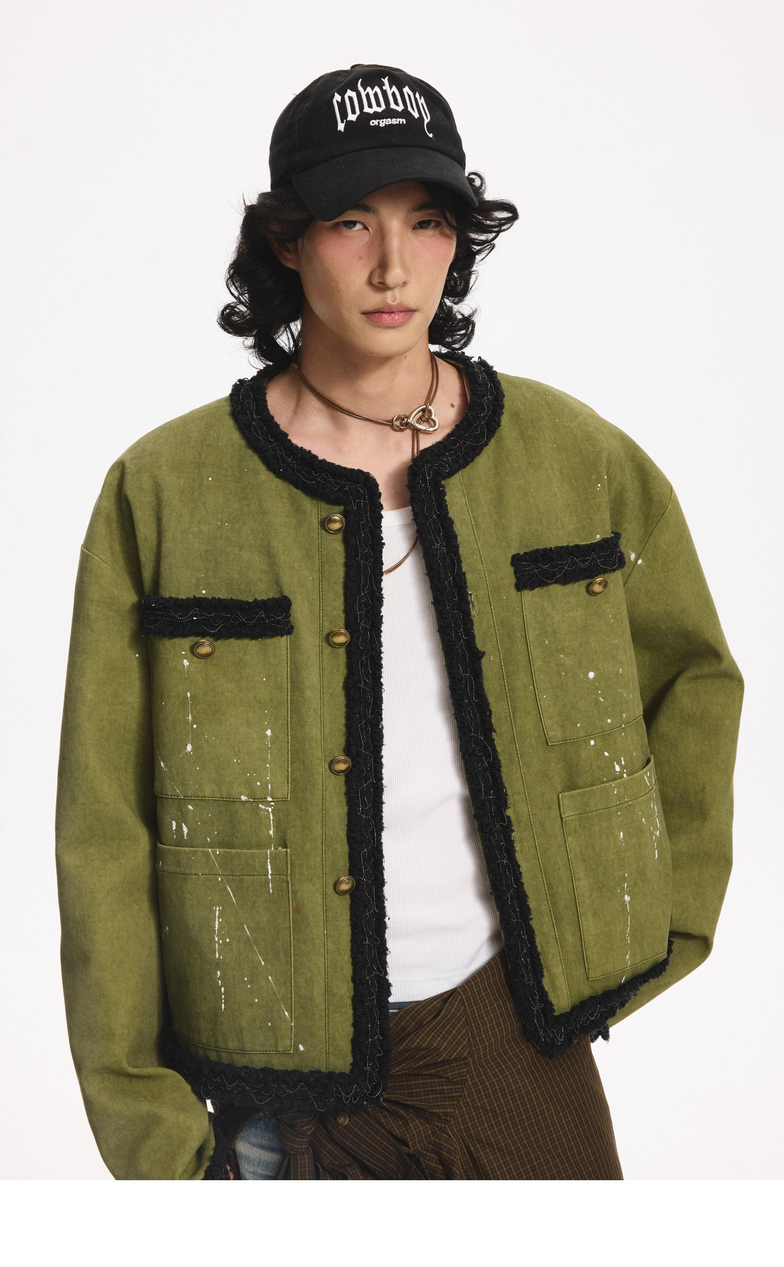 LEONSENSE Paneled Fleece Trim Paint-Splattered Jacket