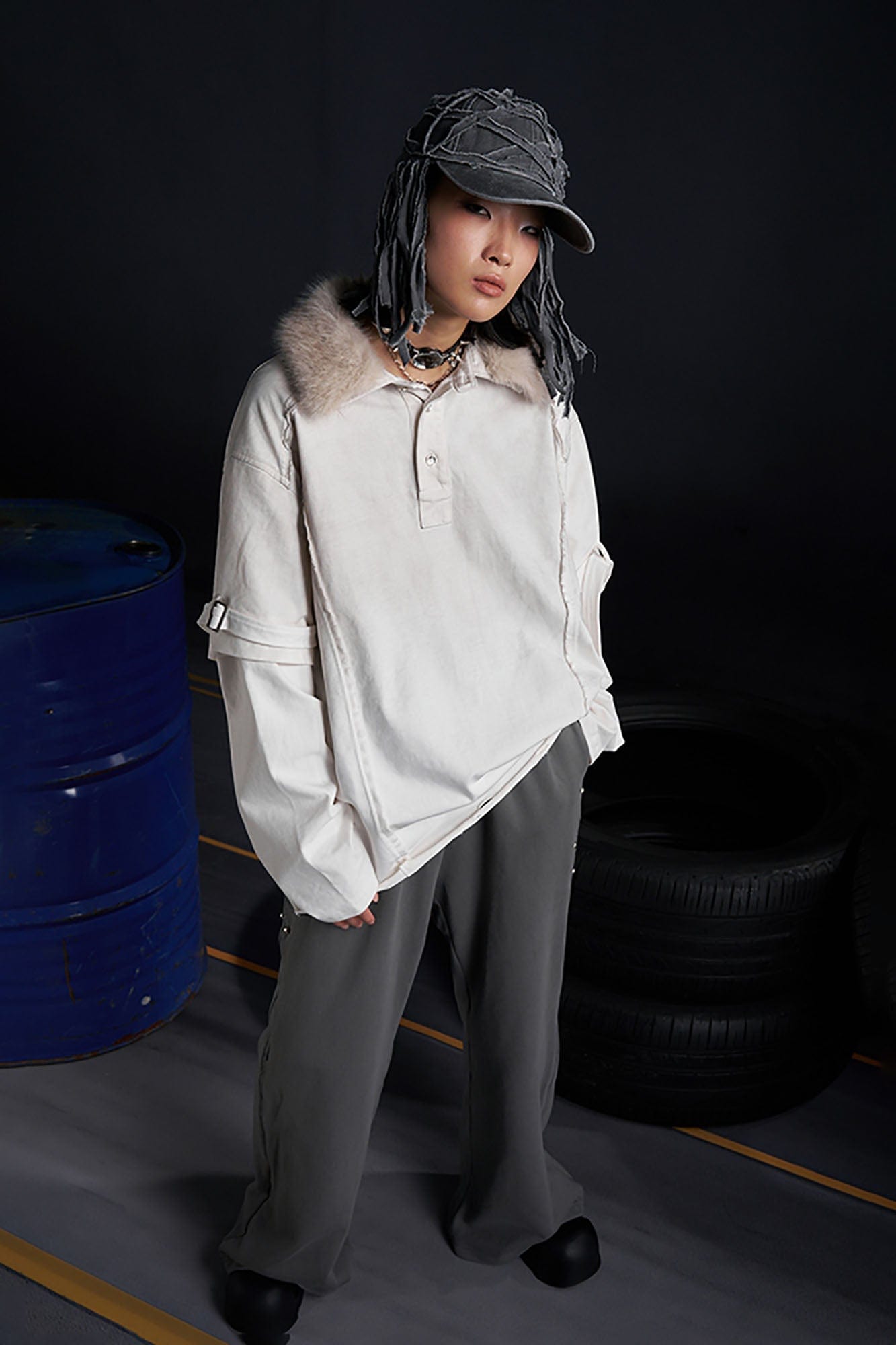 RECOVER ZONE Detachable Faux Fur Collar Long Sleeve Shirt, premium urban and streetwear designers apparel on PROJECTISR.com, RECOVER ZONE