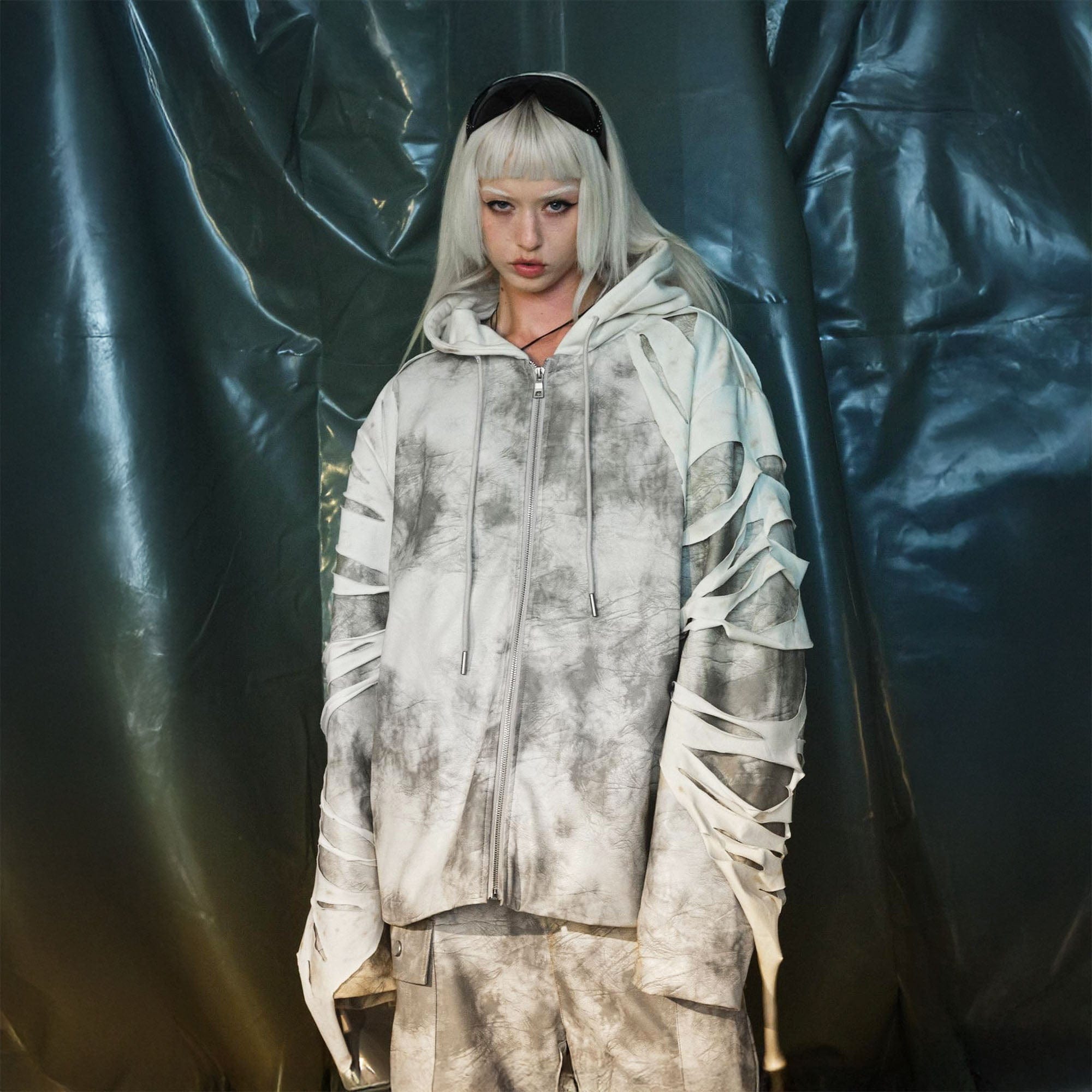 RECOVER ZONE Distressed Slashed PU Layered Hooded Jacket, premium urban and streetwear designers apparel on PROJECTISR.com, RECOVER ZONE