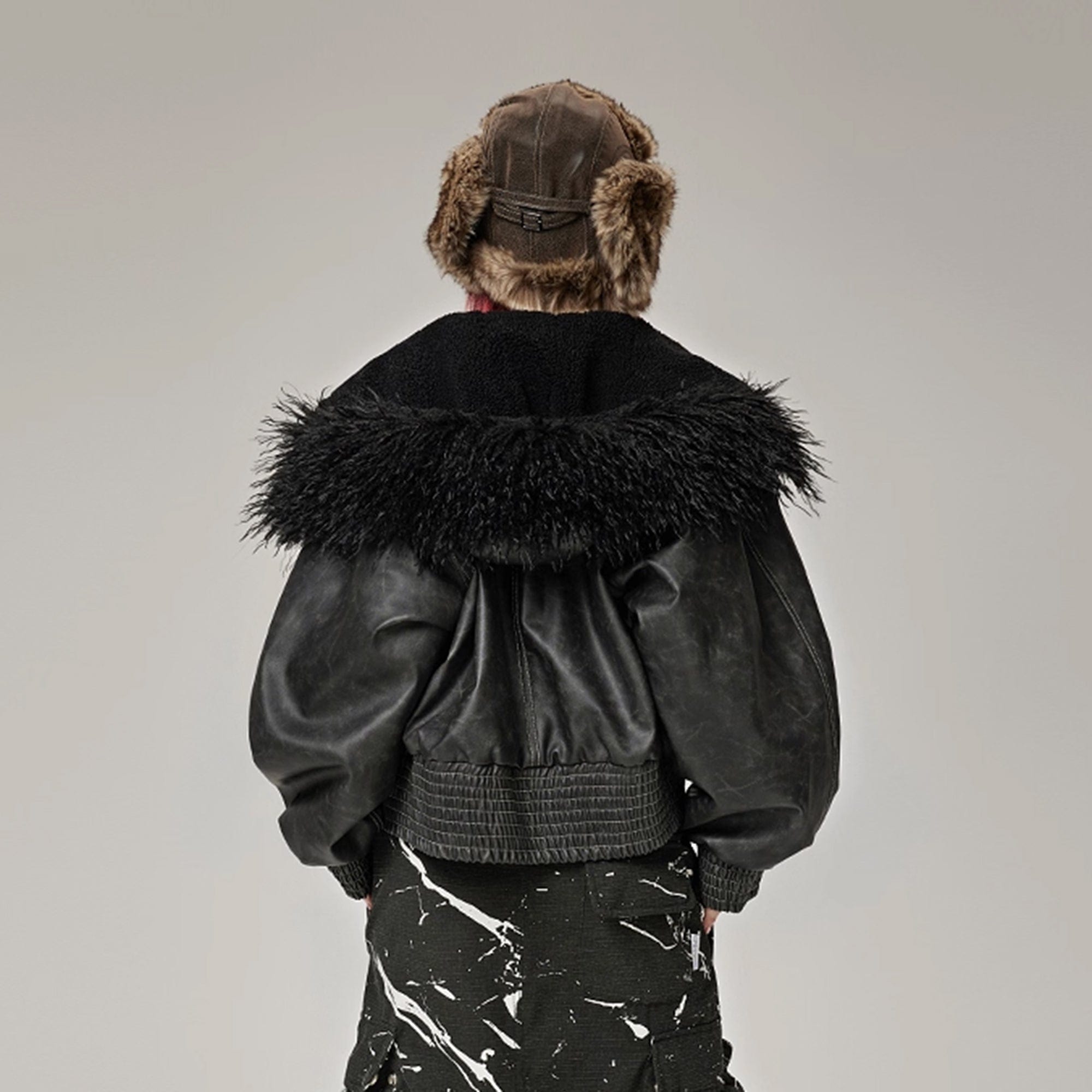 DAMAGE ASIA Contrast Stitch Faux Leather Bomber Jacket