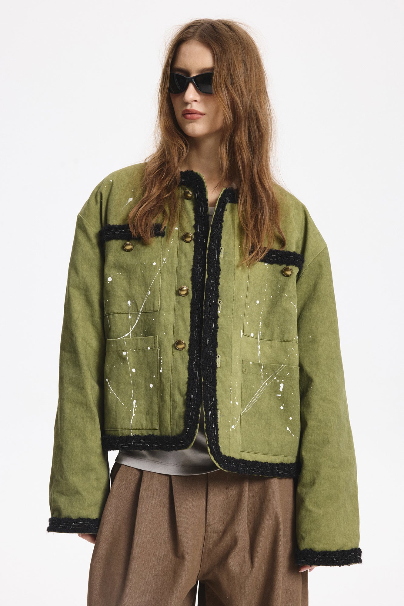 LEONSENSE Paneled Fleece Trim Paint-Splattered Jacket