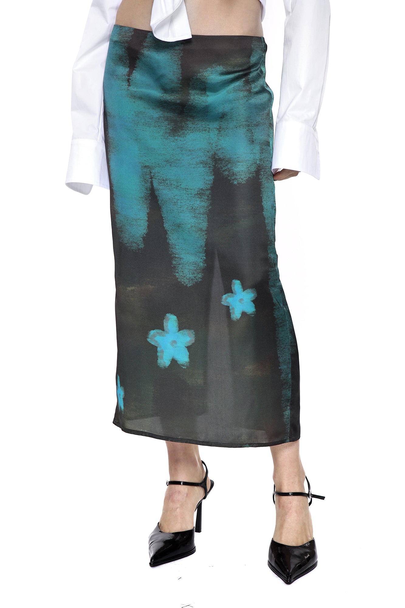 SCARLET SAGE Gradient Full-Print Satin Midi Skirt