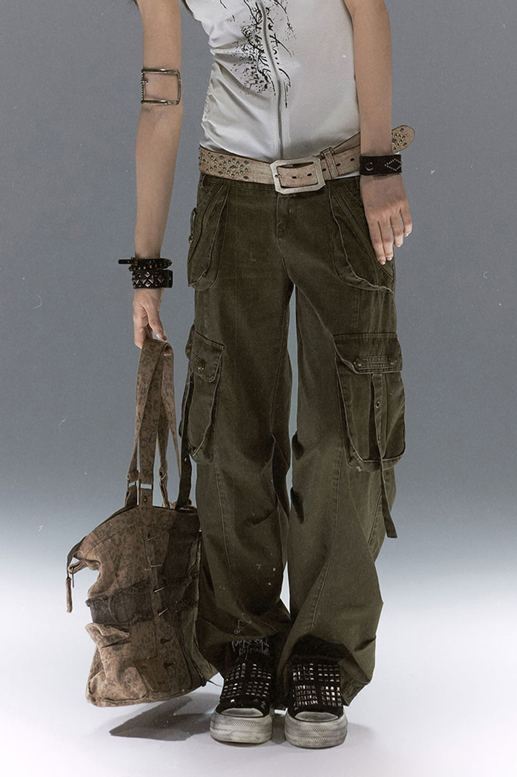 CESTNOUS Retro Washed Multi-Pocket Straight-Leg Cargo Pants