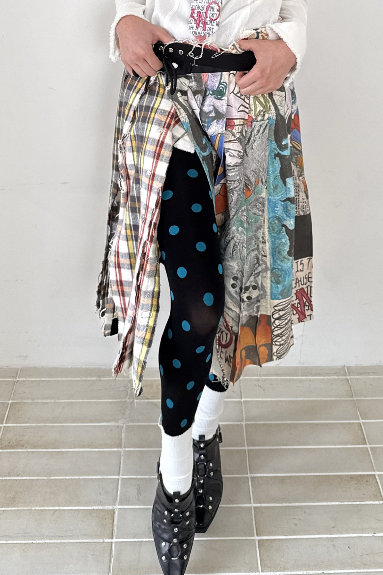 FULLTIDE Graffiti Raw-Edge Belted Plaid Wrap Skirt