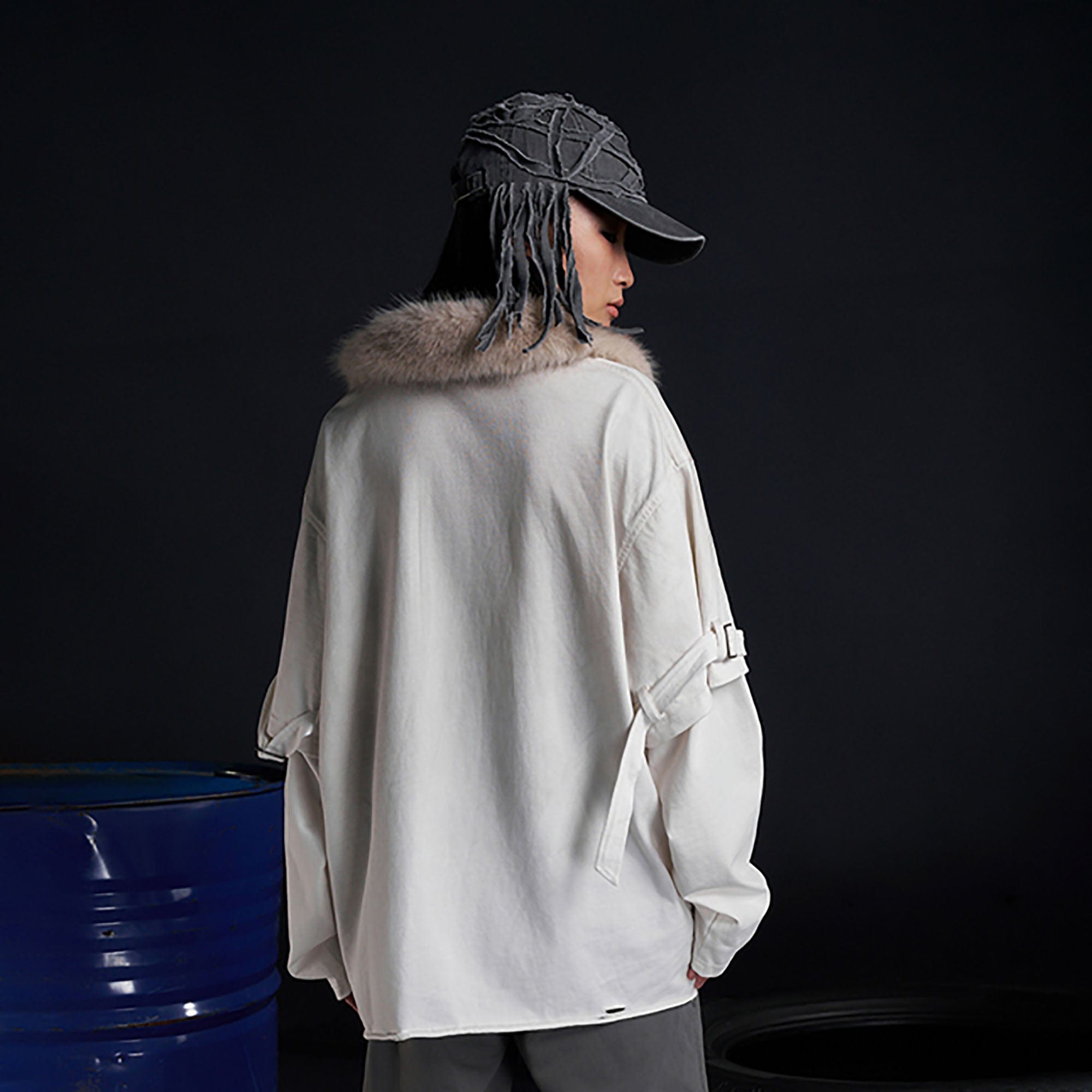 RECOVER ZONE Detachable Faux Fur Collar Long Sleeve Shirt, premium urban and streetwear designers apparel on PROJECTISR.com, RECOVER ZONE