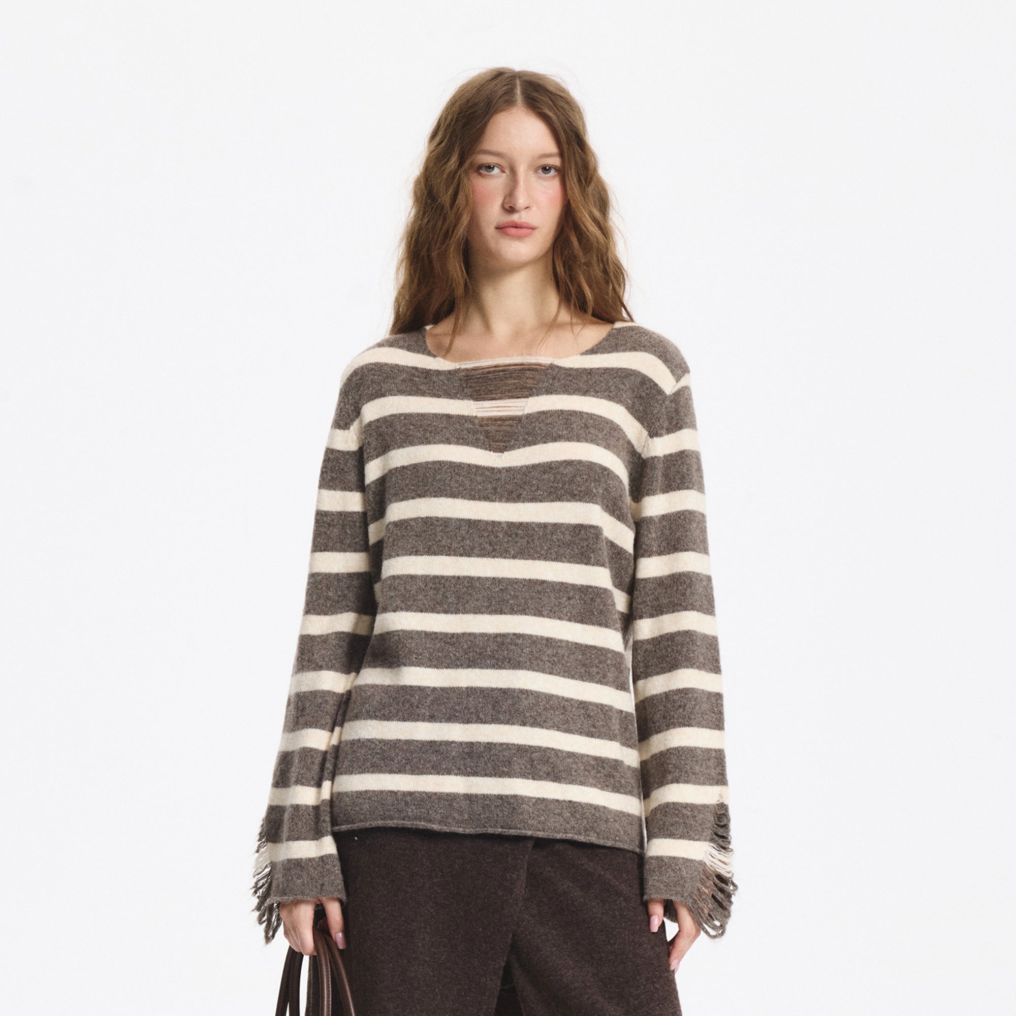 LEONSENSE Distressed Stripe Knit Pullover