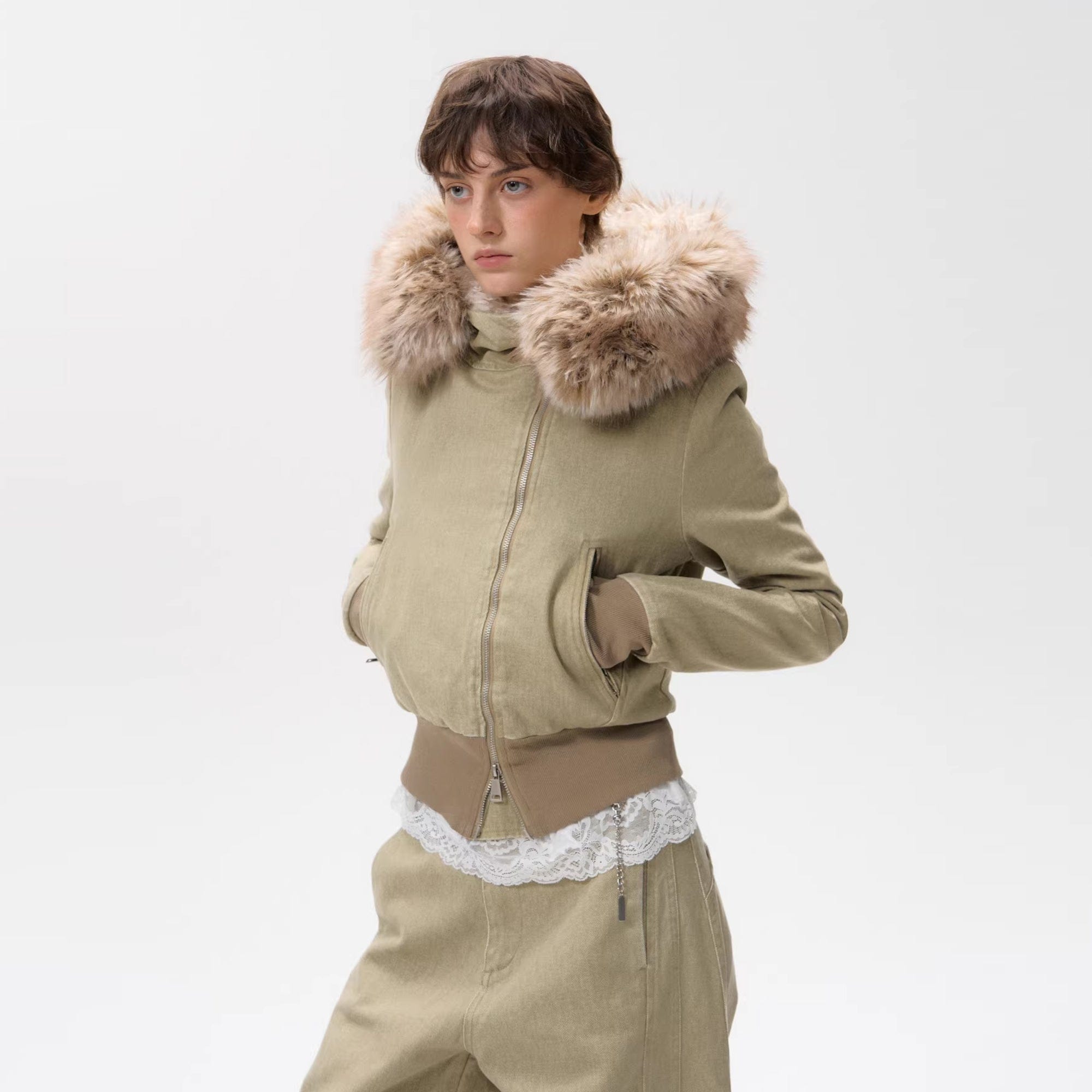 10AMSOTIIIIIIRED Sherpa-Lined Faux Fur Hooded Bomber Jacket