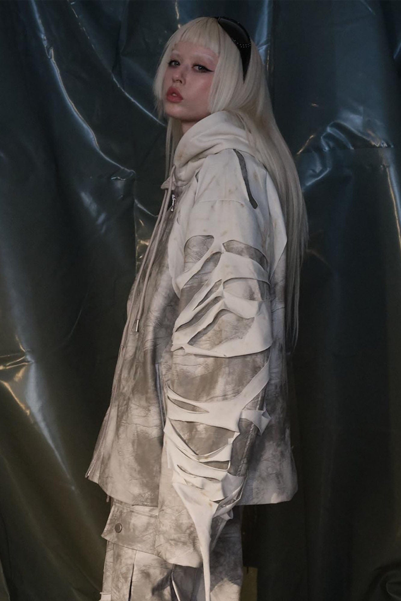 RECOVER ZONE Distressed Slashed PU Layered Hooded Jacket, premium urban and streetwear designers apparel on PROJECTISR.com, RECOVER ZONE