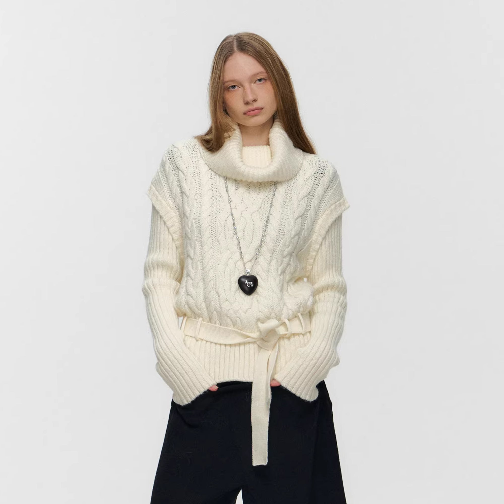 10AMSOTIIIIIIRED Spliced Cable-Knit Wool-Blend Belted Sweater