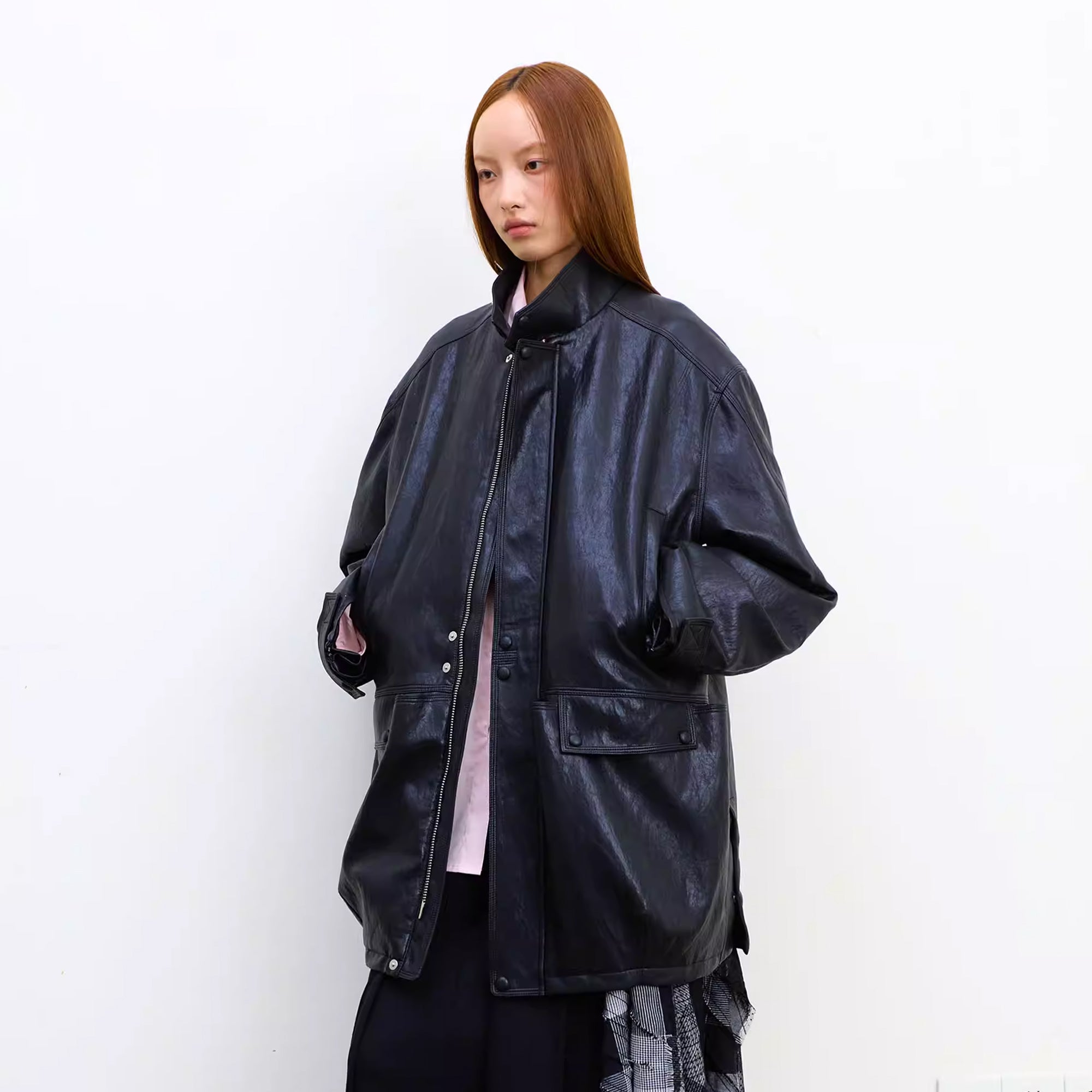 NEVERSEEZ Quilted Faux Leather Stand-Collar Utility Jacket