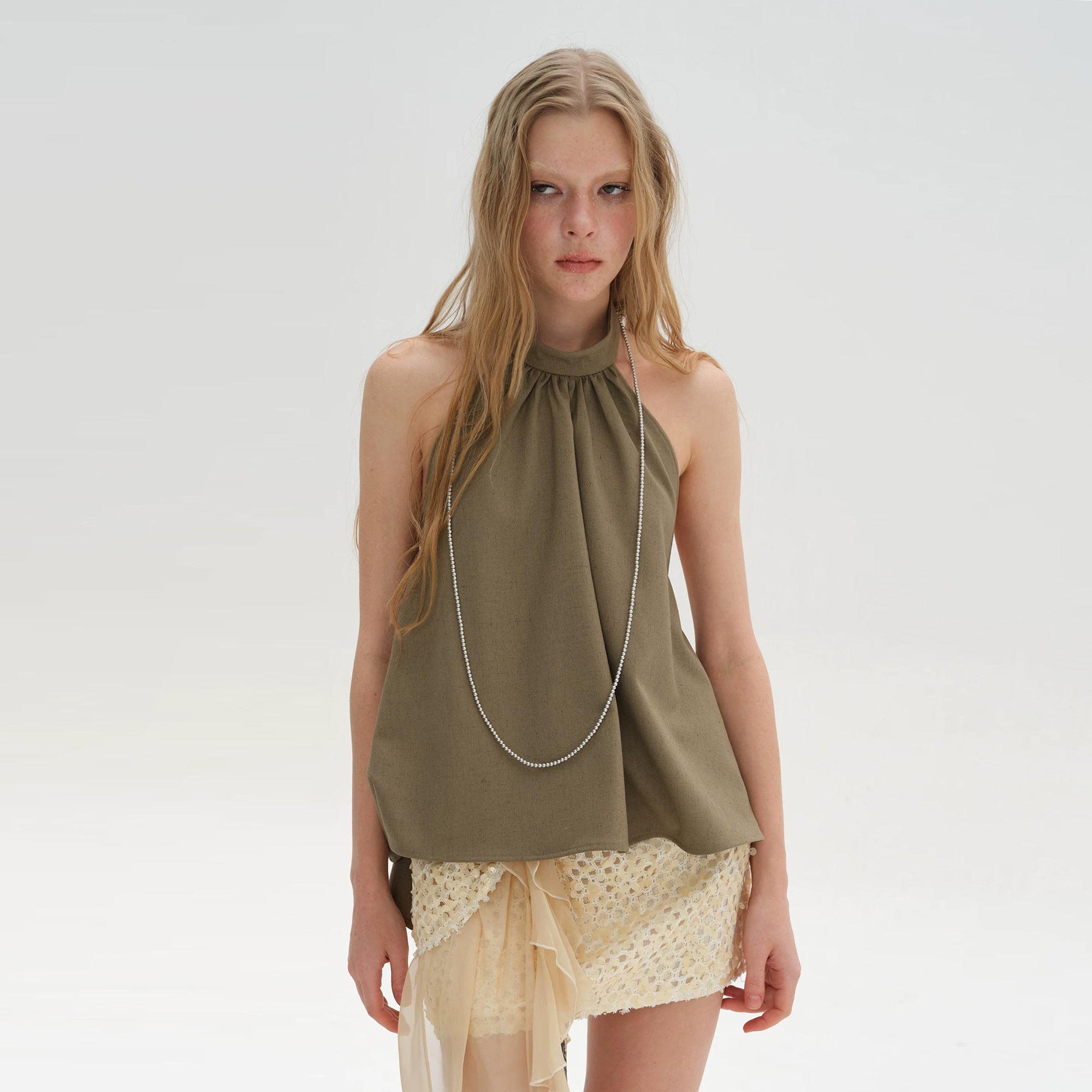 LAYERS Peplum Open-Back Halter Top