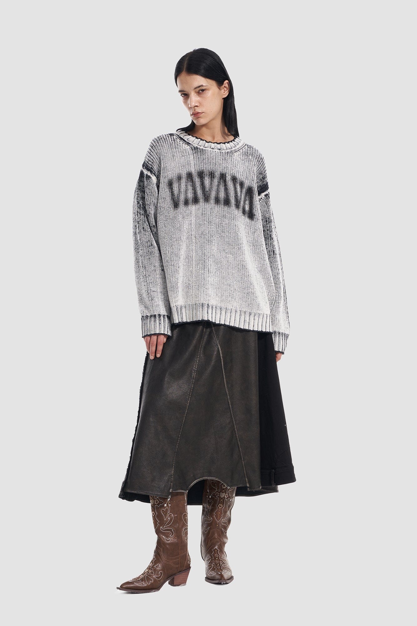 VANN VALRENCE Paneled Frayed Faux Leather A-Line Skirt