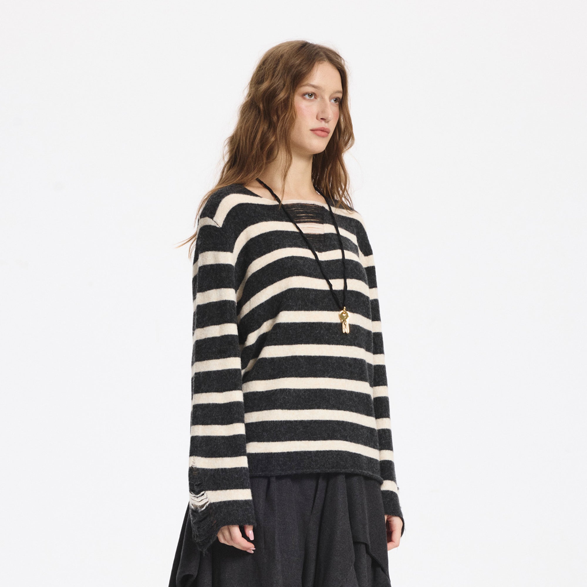 LEONSENSE Distressed Stripe Knit Pullover