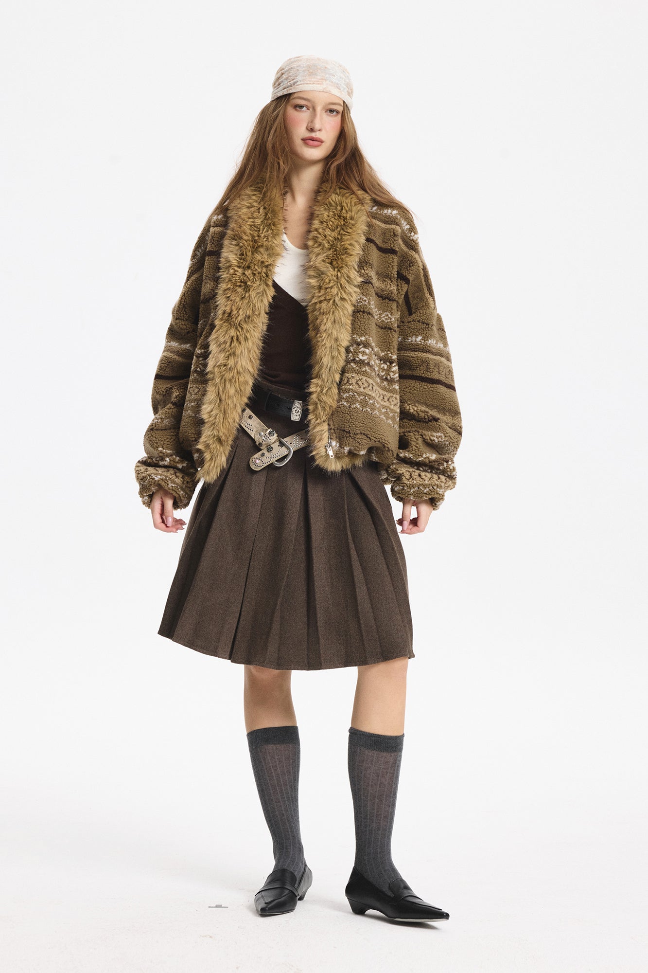 LEONSENSE Detachable Faux Fur Collar Fair Isle Jacket