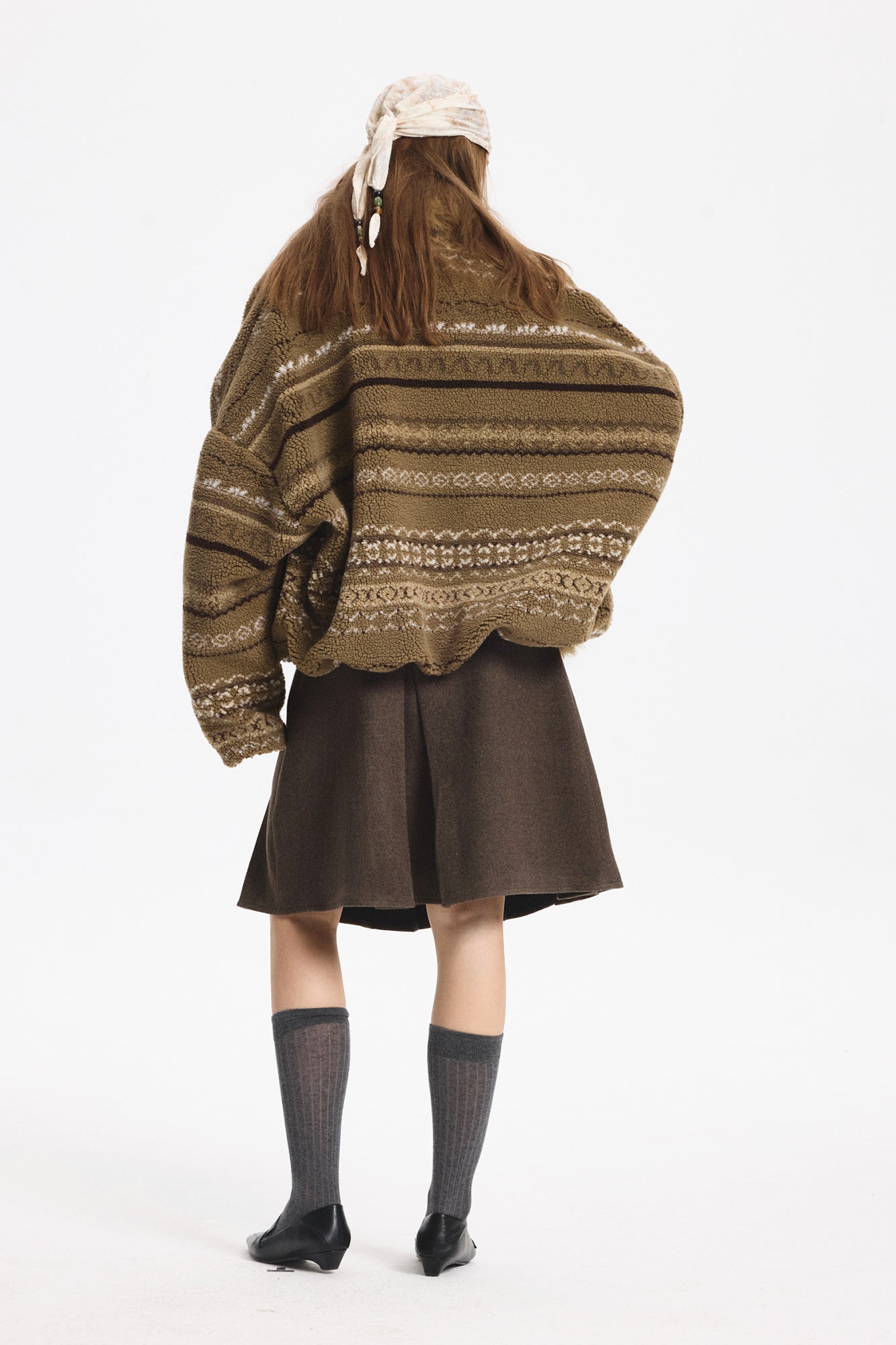 LEONSENSE Detachable Faux Fur Collar Fair Isle Jacket