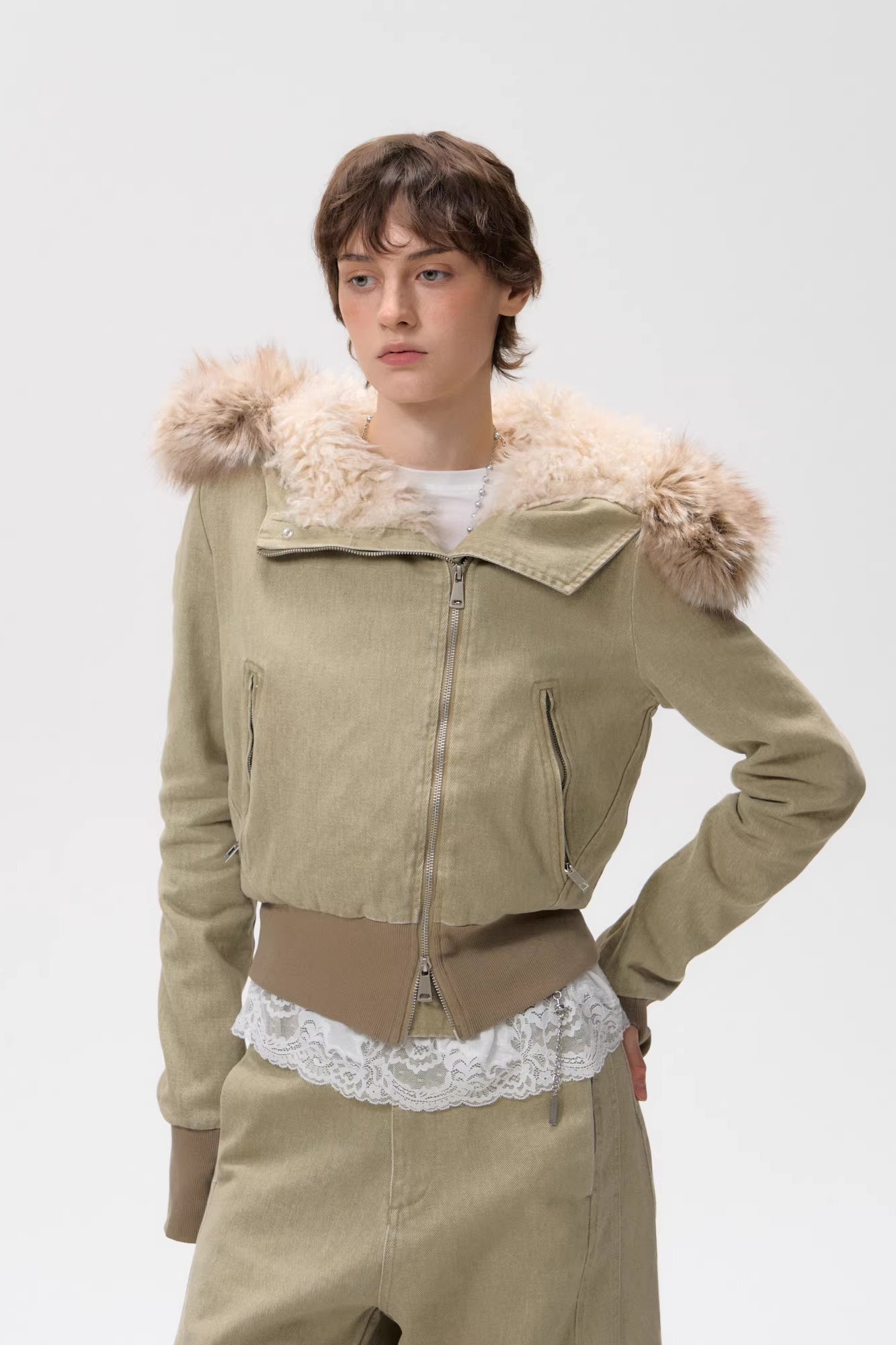 10AMSOTIIIIIIRED Sherpa-Lined Faux Fur Hooded Bomber Jacket