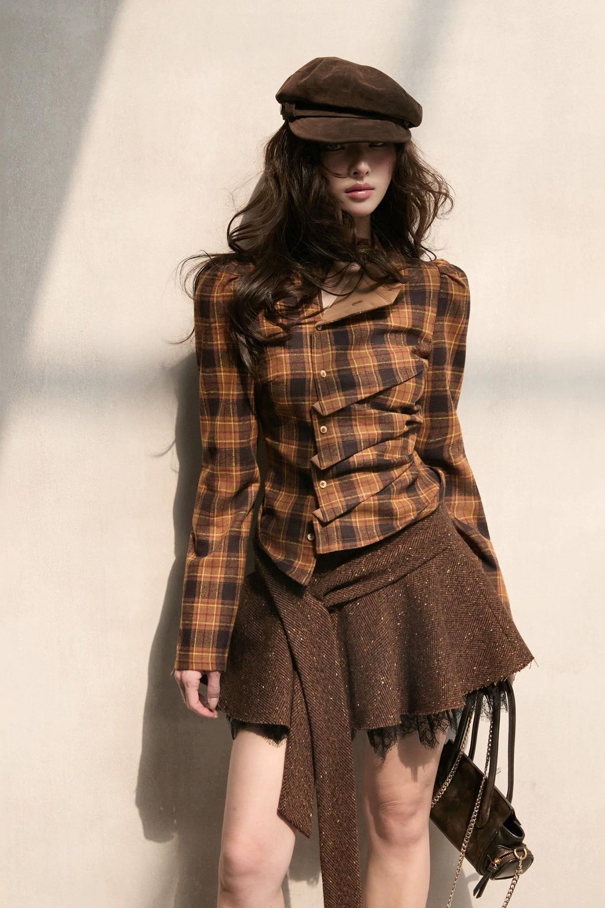 MXU Retro Plaid Pleated Shirt & Tiered Ruffle Maxi Skirt Set
