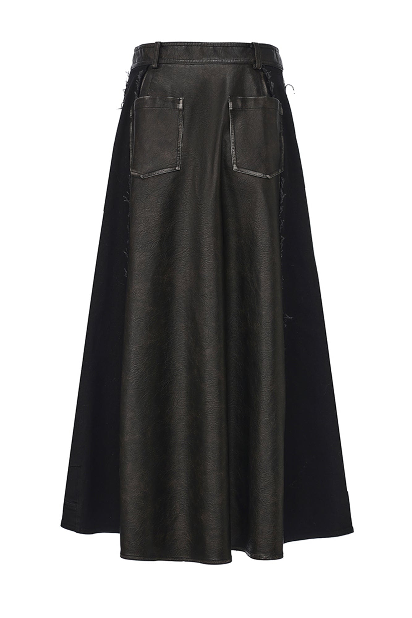 VANN VALRENCE Paneled Frayed Faux Leather A-Line Skirt