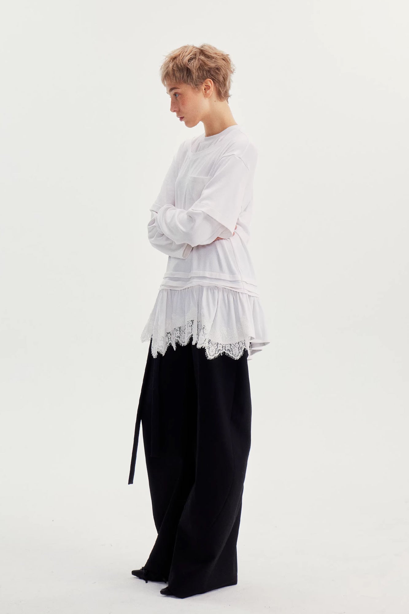 WII WIL Faux-Layer Lace-Hem Long-Sleeve Tee