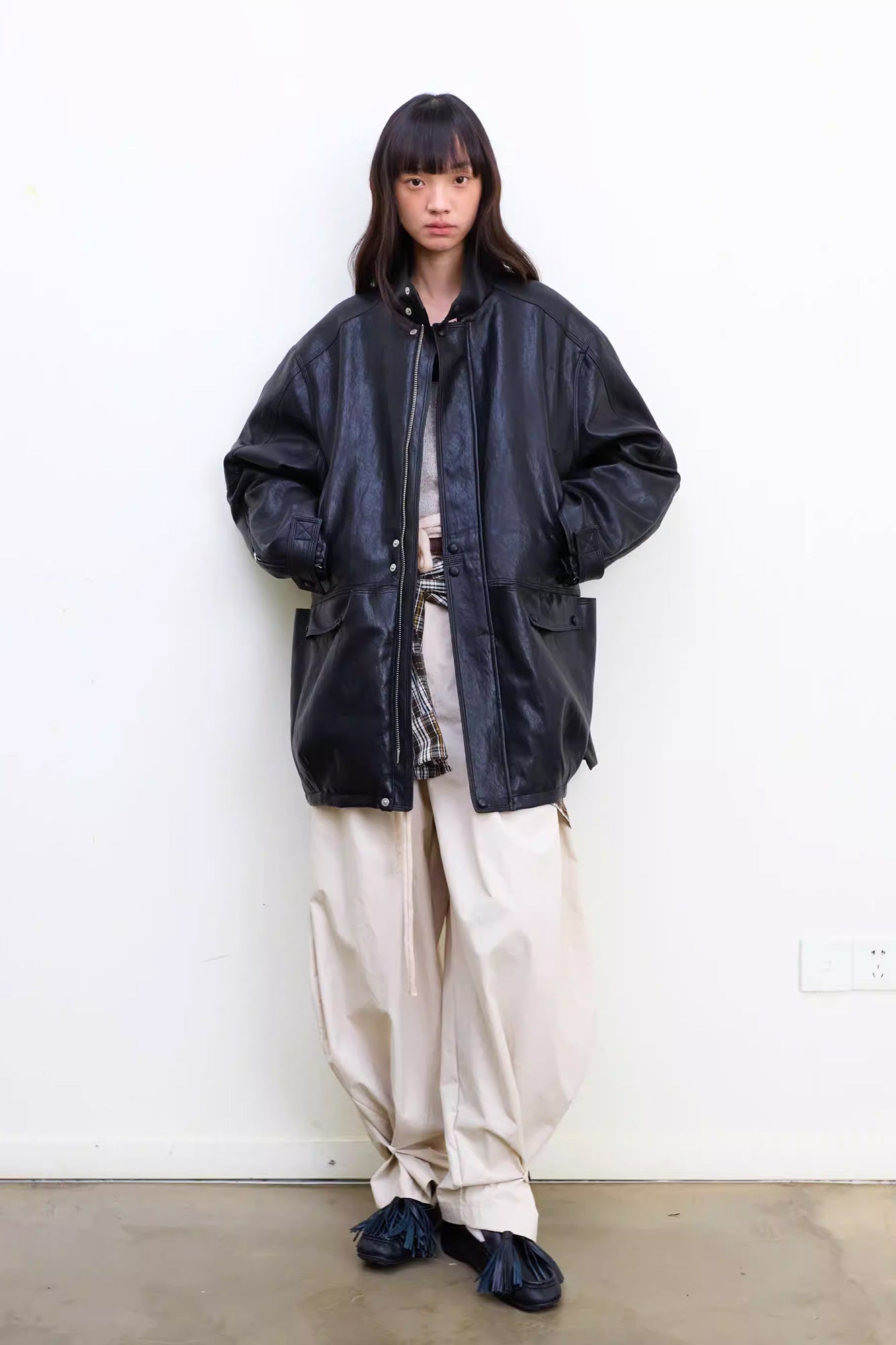 NEVERSEEZ Quilted Faux Leather Stand-Collar Utility Jacket
