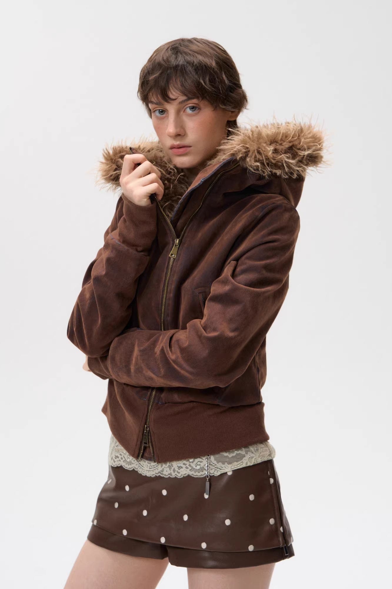 10AMSOTIIIIIIRED Sherpa-Lined Faux Fur Hooded Bomber Jacket
