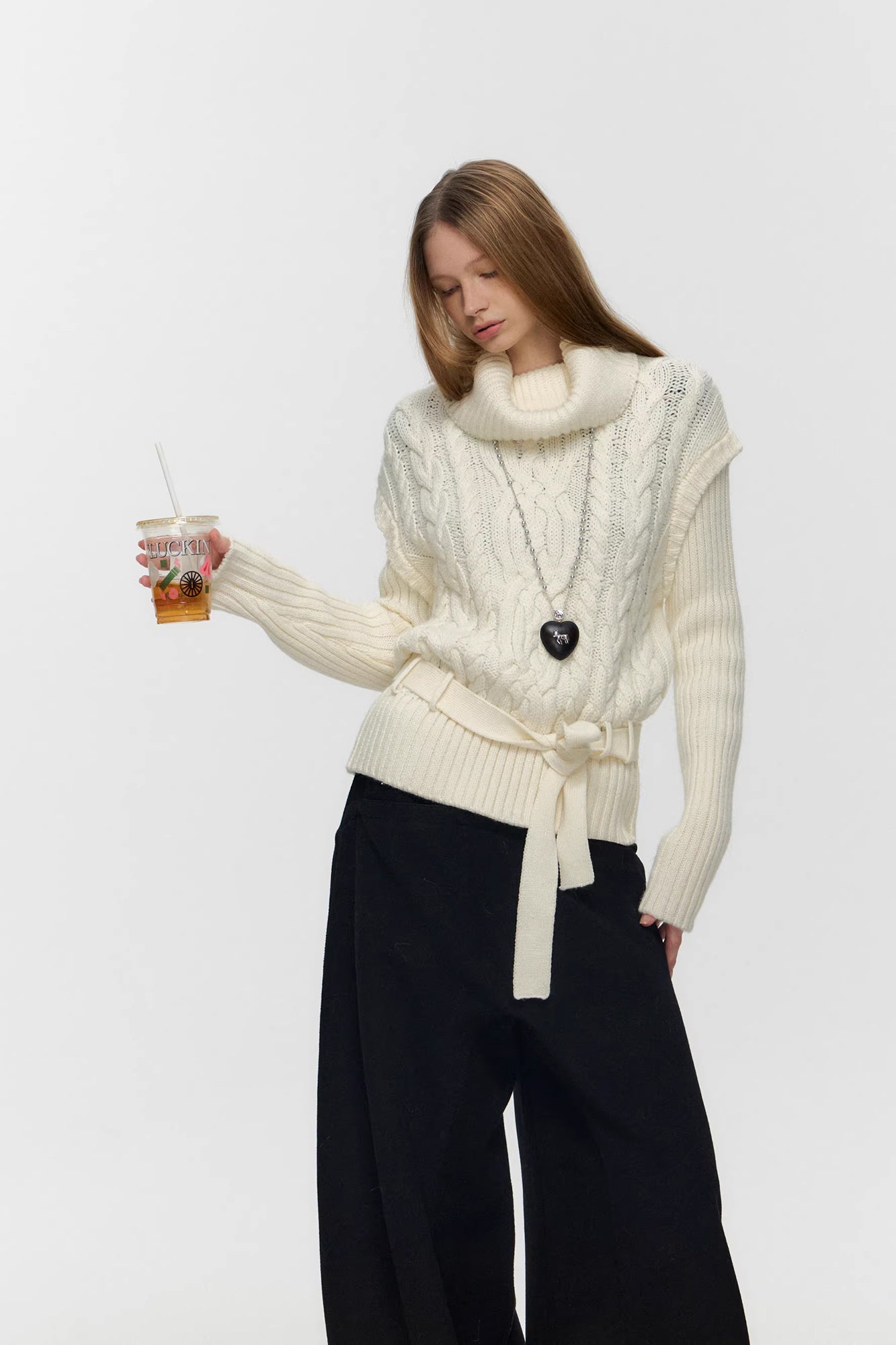 10AMSOTIIIIIIRED Spliced Cable-Knit Wool-Blend Belted Sweater