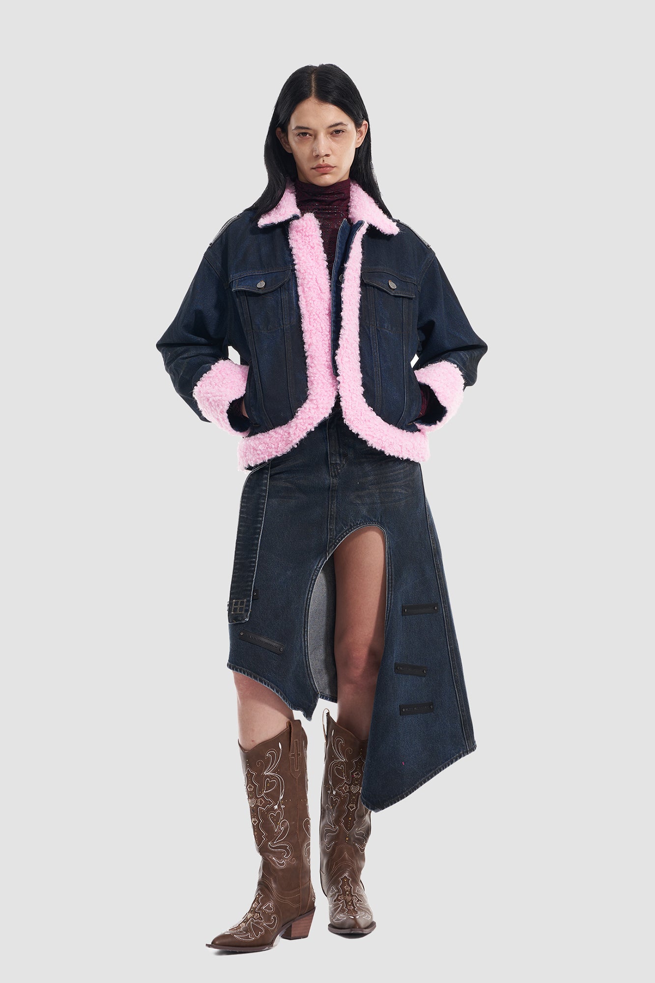 VANN VALRENCE Contrast Shearling-Lined Denim Jacket