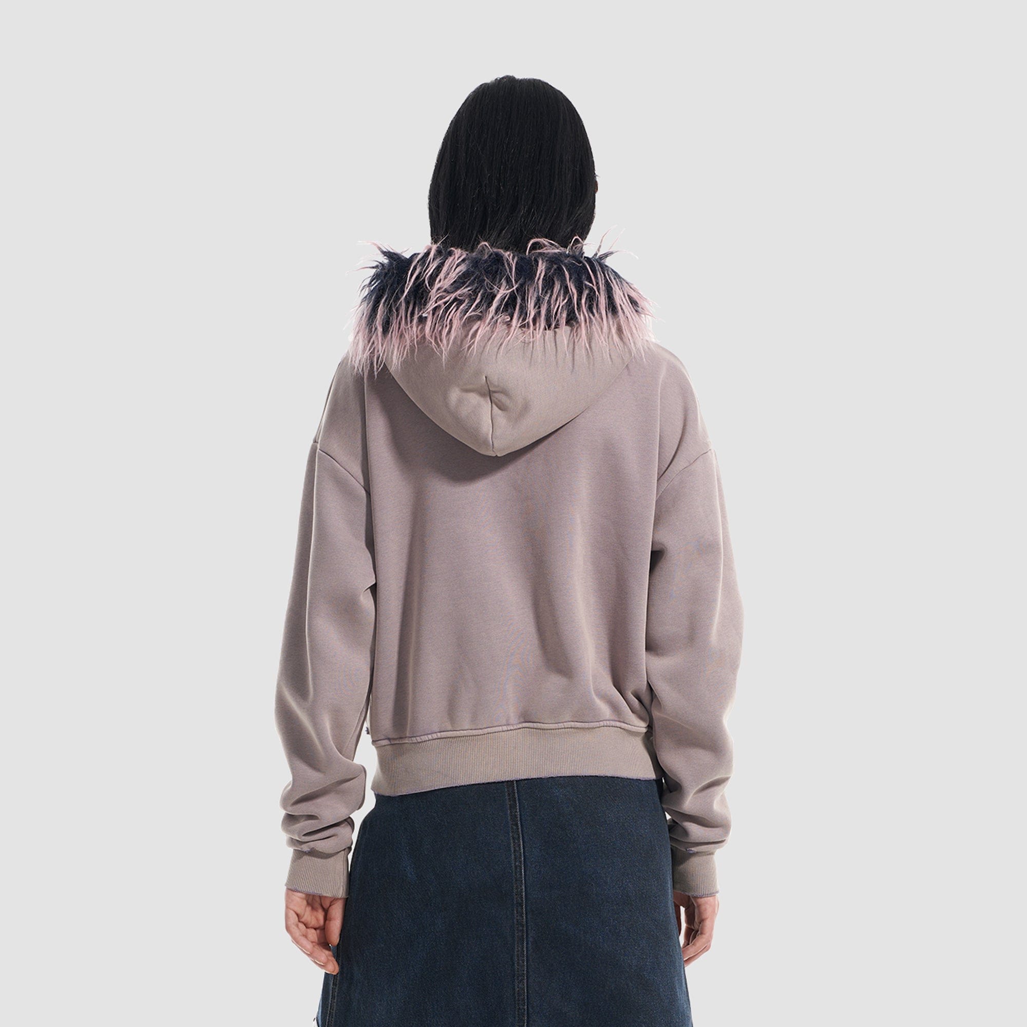 VANN VALRENCE Distressed Faux Fur Trim Zip Hoodie