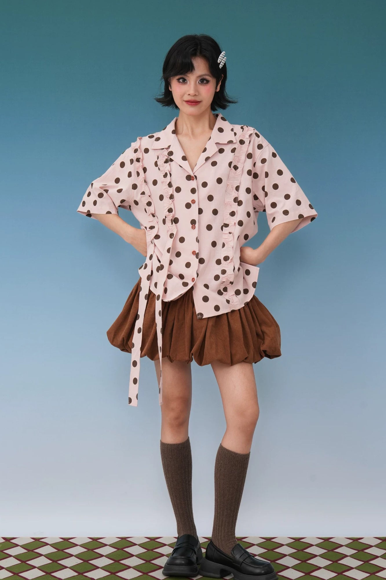 NOPMOB Polka Dot Ruffle Tie Half-Shirt
