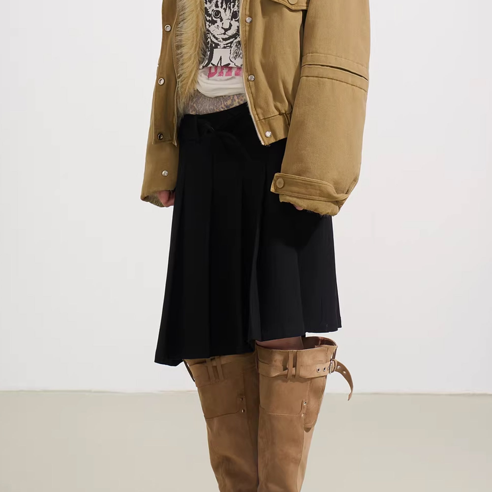 SOFITTE Leopard-Waist Belted Pleated Mini Skirt