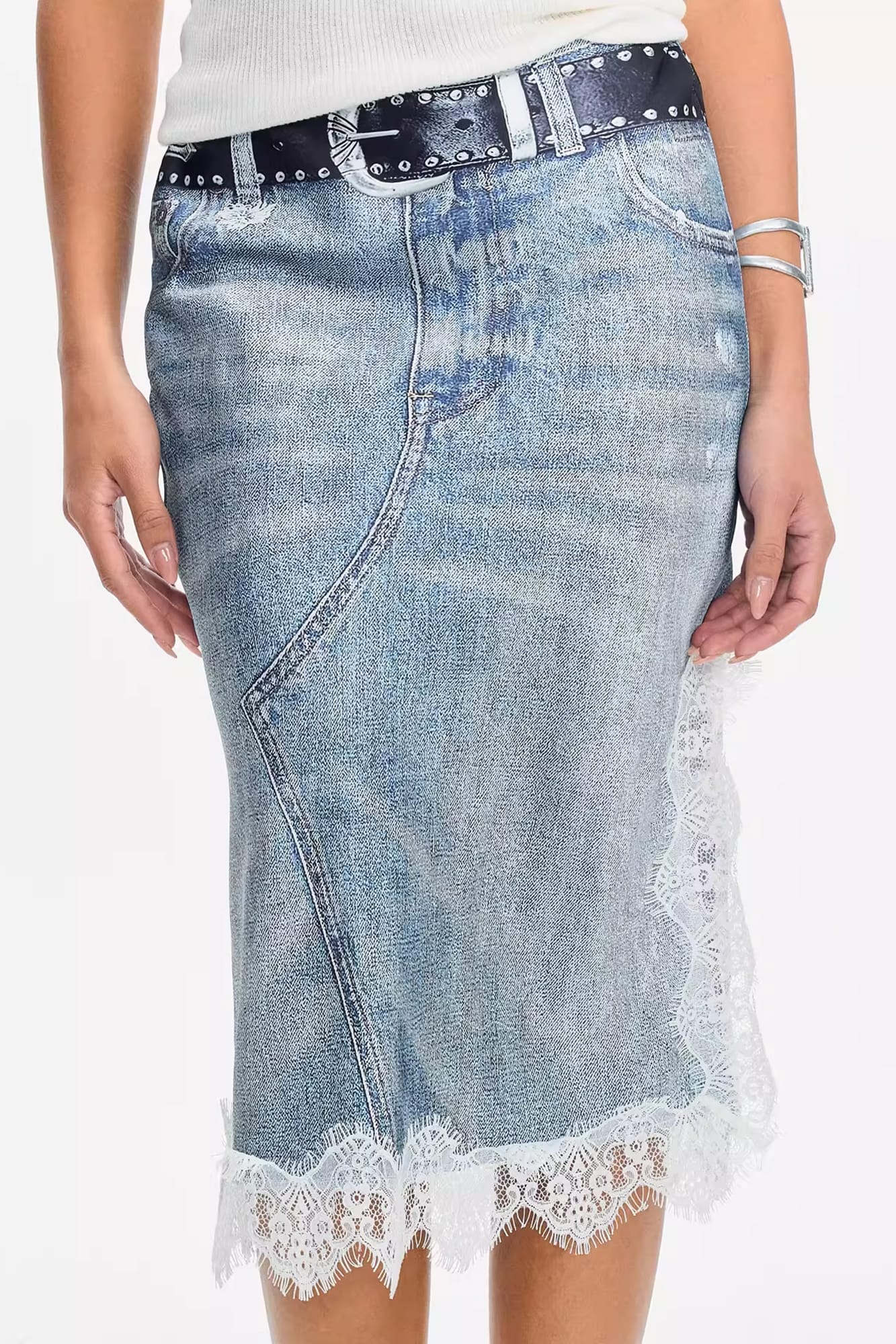 LEONSENSE Denim Full-Print Lace-Splice Slit Skirt