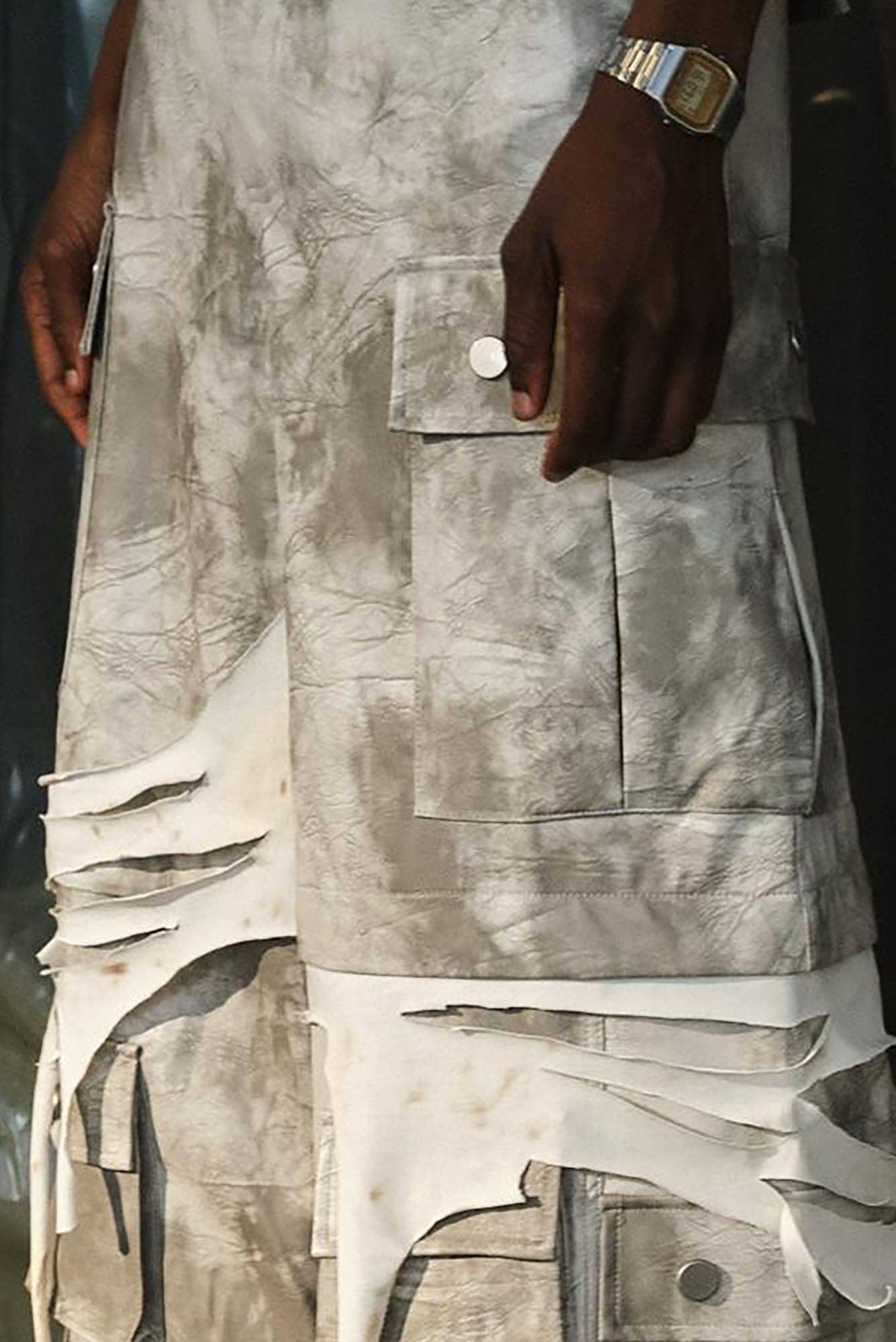 RECOVER ZONE Distressed Slashed PU Layered Cargo Pants, premium urban and streetwear designers apparel on PROJECTISR.com, RECOVER ZONE