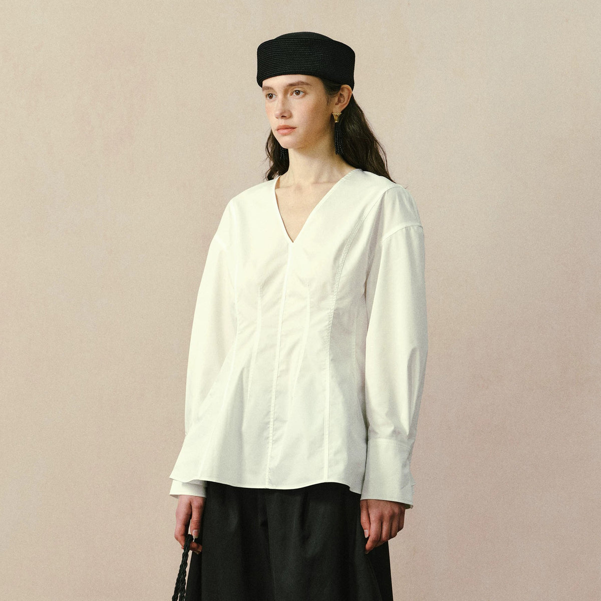 YUANYE Cinched-Waist V-Neck Bamboo-Blend Blouse