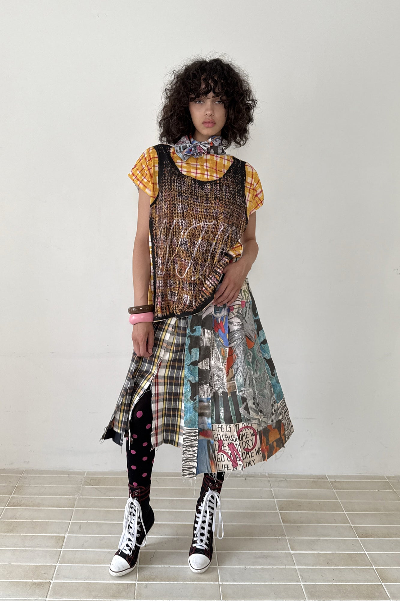 FULLTIDE Graffiti Raw-Edge Belted Plaid Wrap Skirt