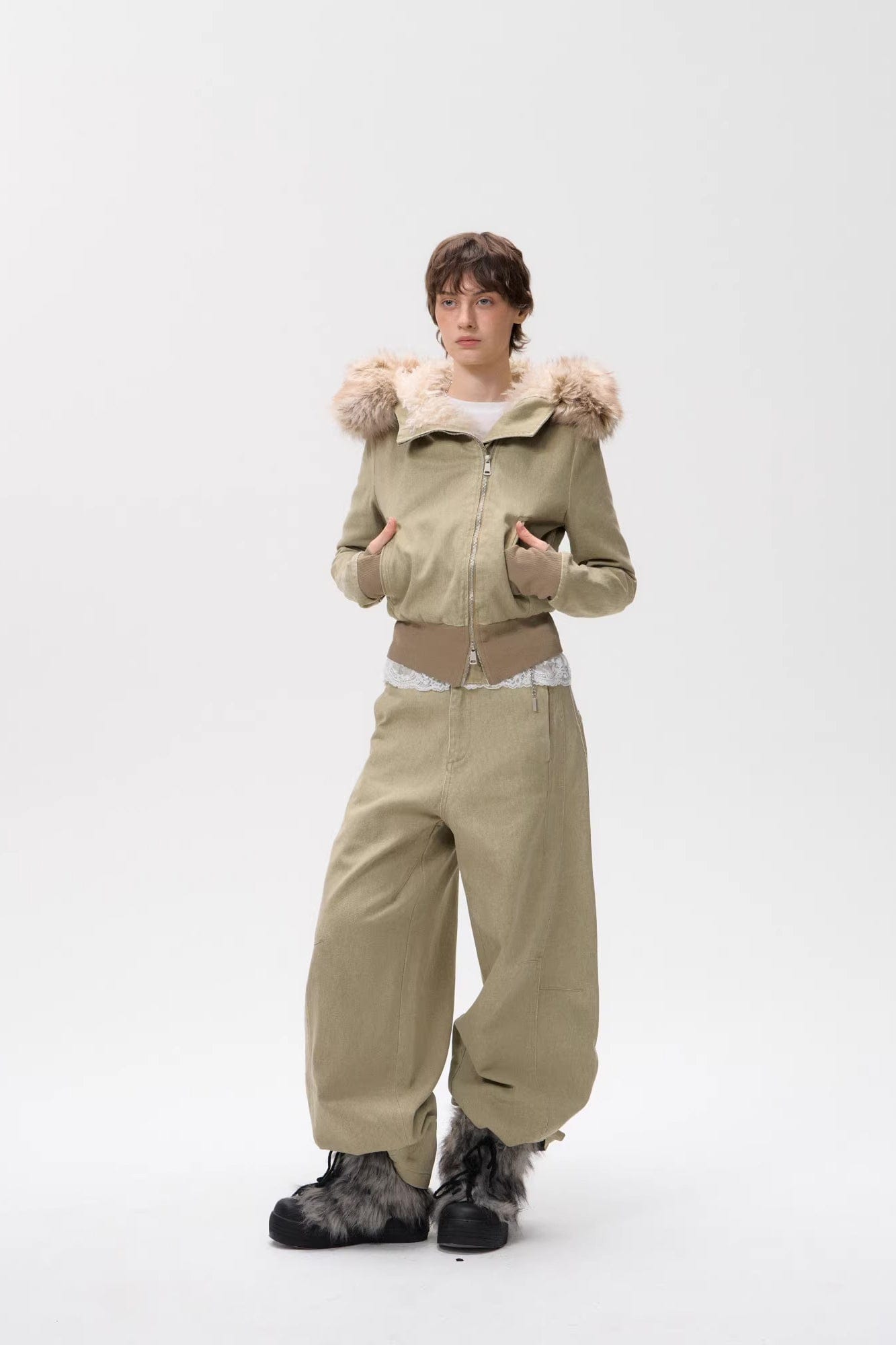 10AMSOTIIIIIIRED Sherpa-Lined Faux Fur Hooded Bomber Jacket