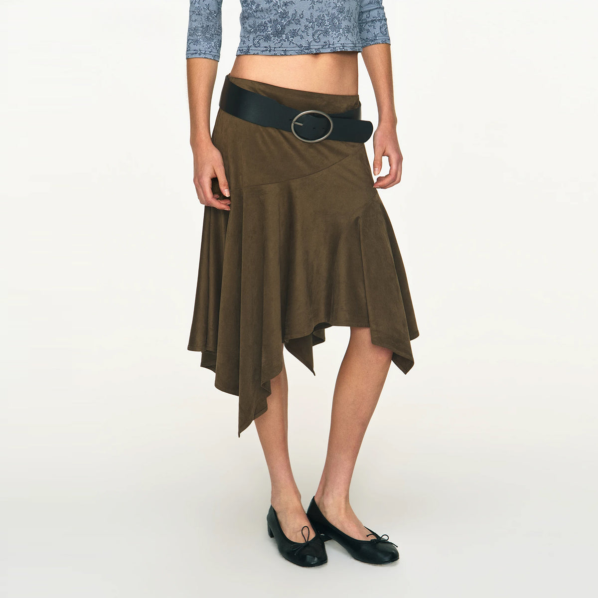 ANTENNA EFFECT Retro Asymmetrical Low-Rise Midi Skirt