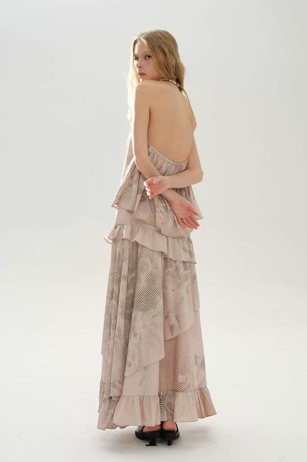 LAYERS Abstract Floral Tiered Side-Slit Maxi Skirt