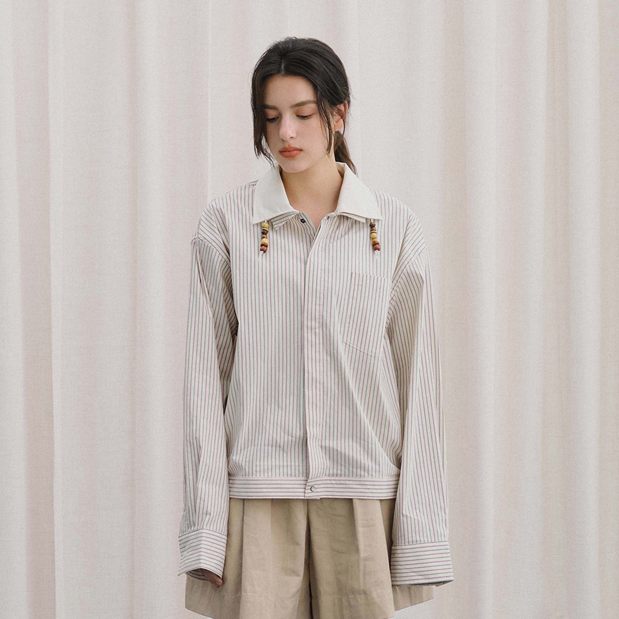 LIVINGTOWN Striped Beaded Drawcord Layered Collar Shirt