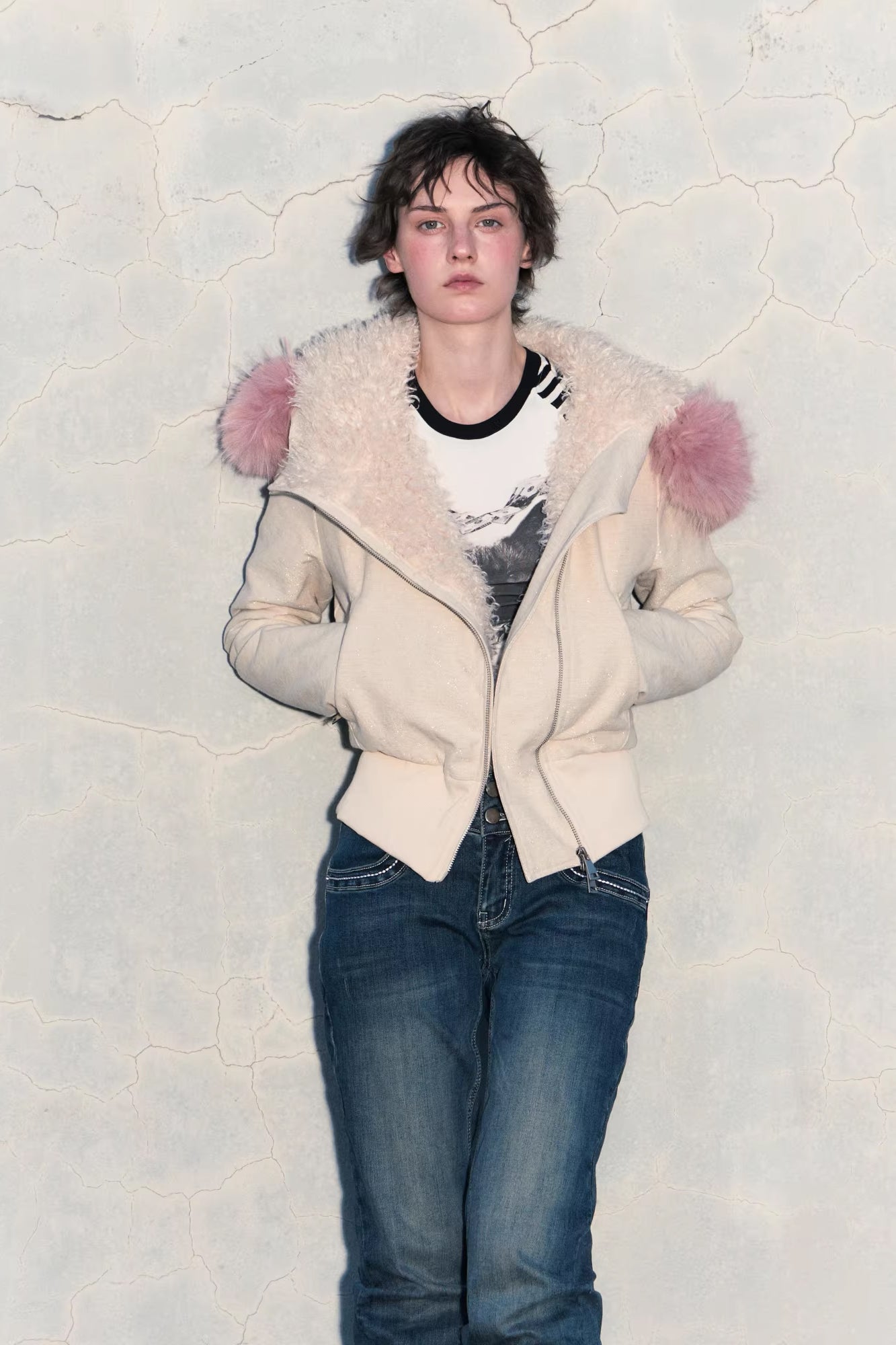 10AMSOTIIIIIIRED Sherpa-Lined Faux Fur Hooded Bomber Jacket