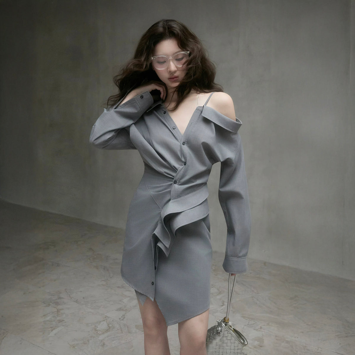 MXU Deconstructed Off-Shoulder Linen Wool Shirt Dress