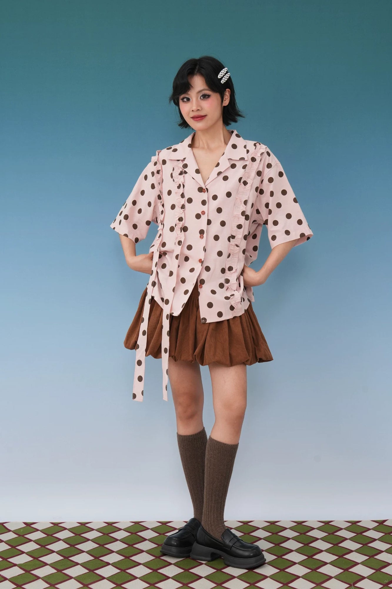 NOPMOB Polka Dot Ruffle Tie Half-Shirt