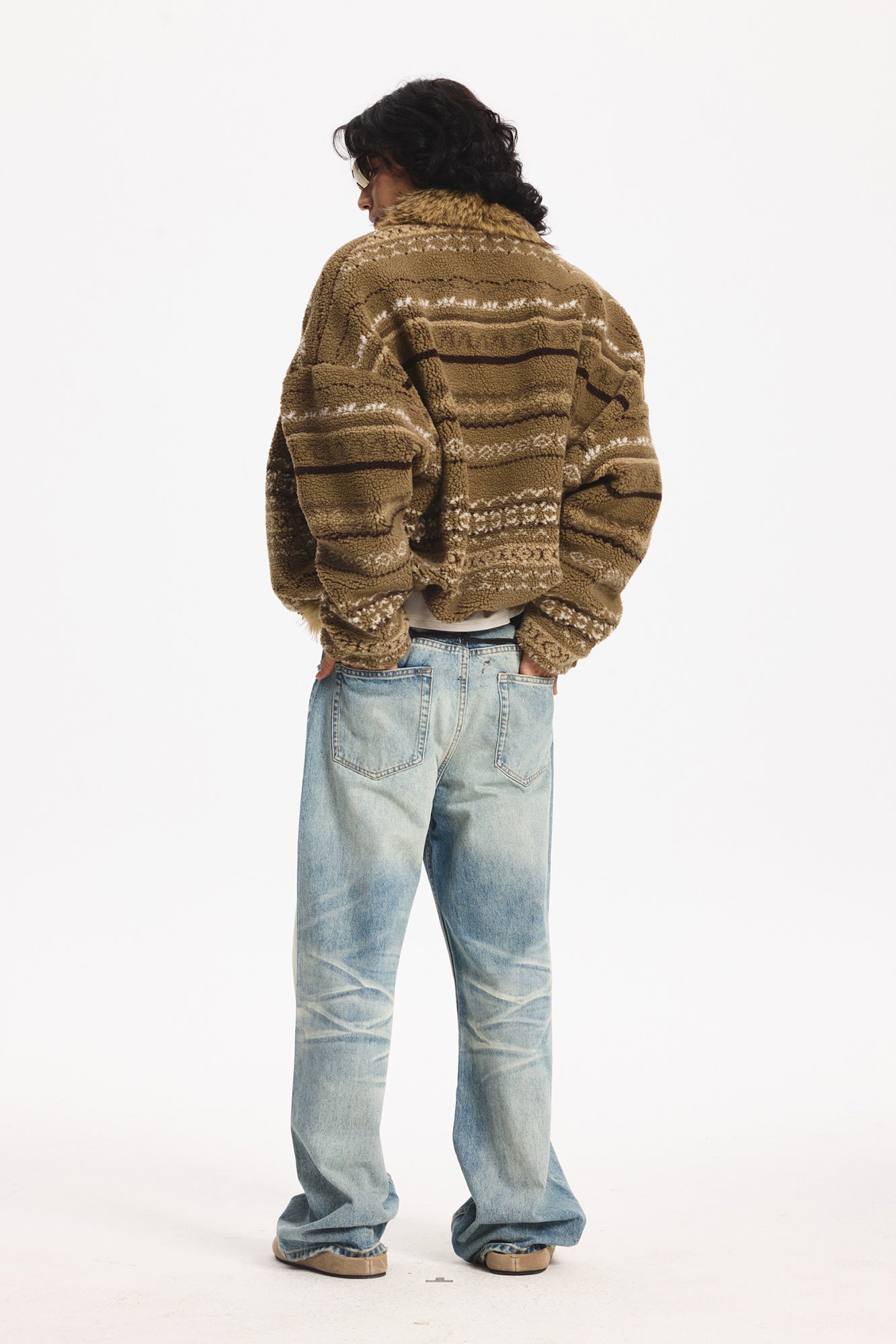 LEONSENSE Detachable Faux Fur Collar Fair Isle Jacket