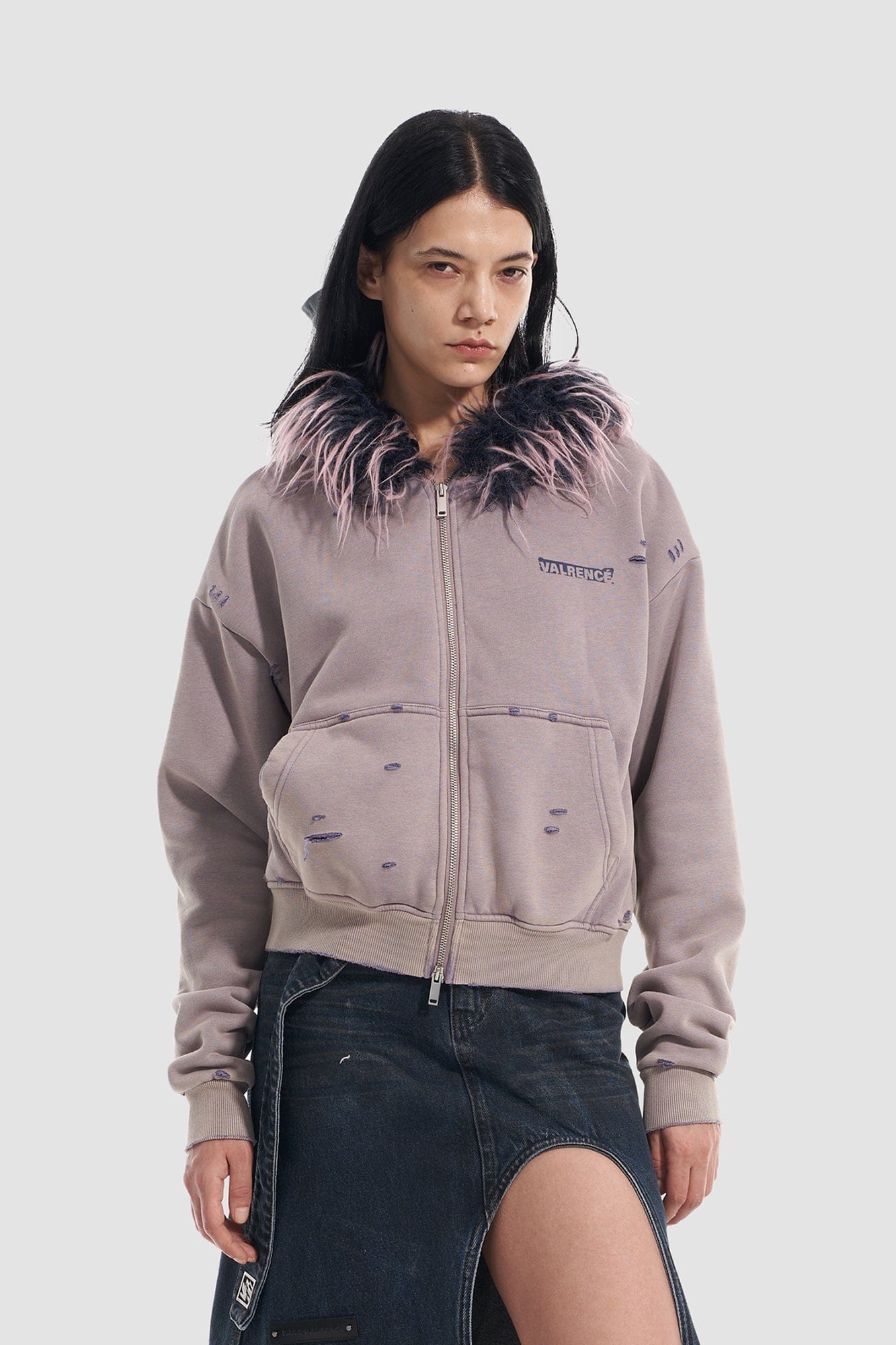 VANN VALRENCE Distressed Faux Fur Trim Zip Hoodie