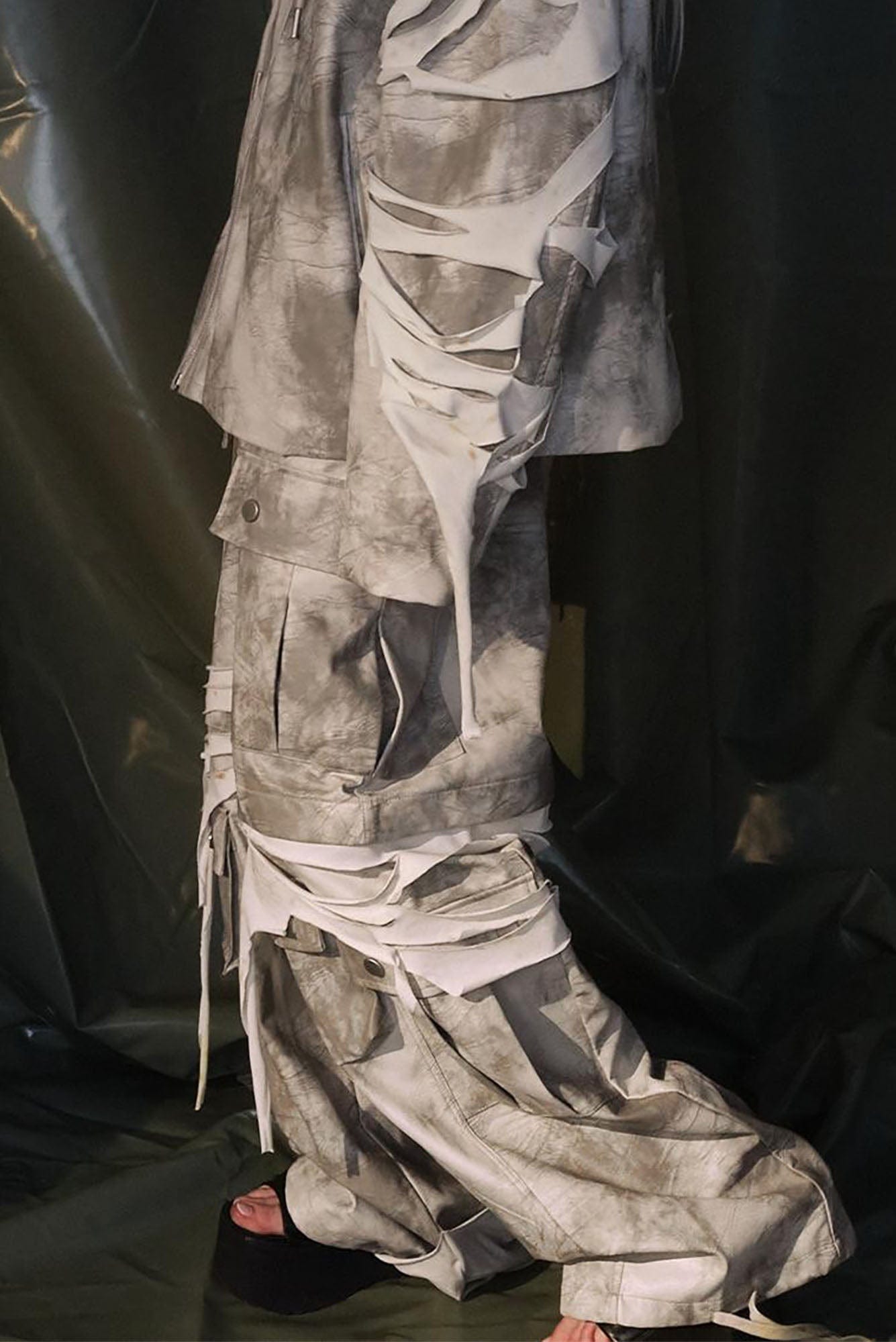 RECOVER ZONE Distressed Slashed PU Layered Cargo Pants, premium urban and streetwear designers apparel on PROJECTISR.com, RECOVER ZONE