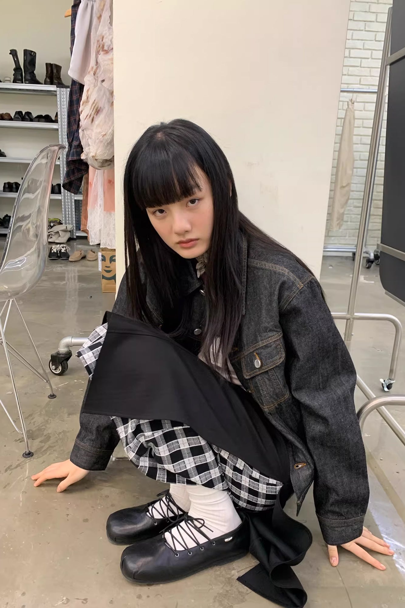NEVERSEEZ Retro Waist-Tab Dark Denim Jacket