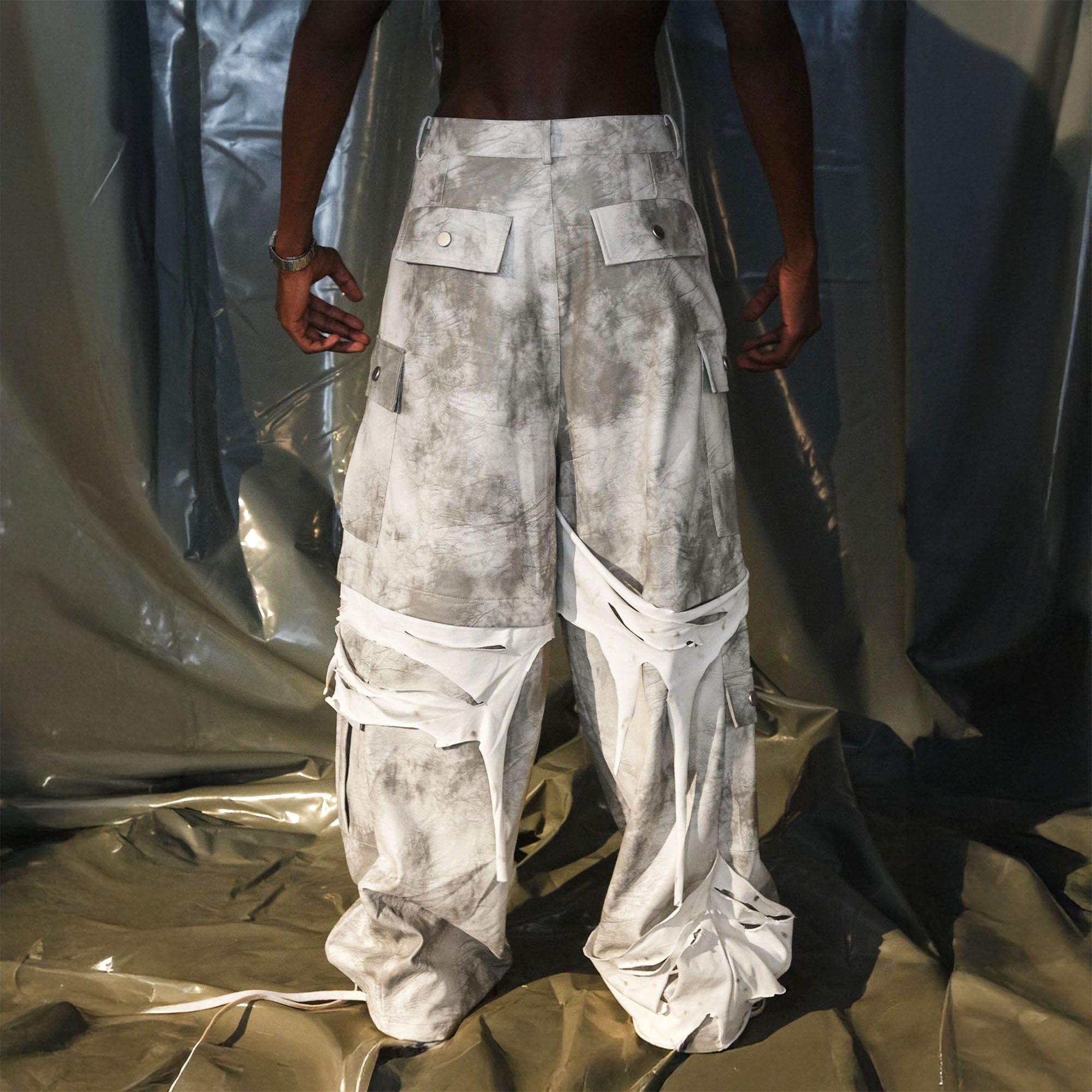 RECOVER ZONE Distressed Slashed PU Layered Cargo Pants, premium urban and streetwear designers apparel on PROJECTISR.com, RECOVER ZONE