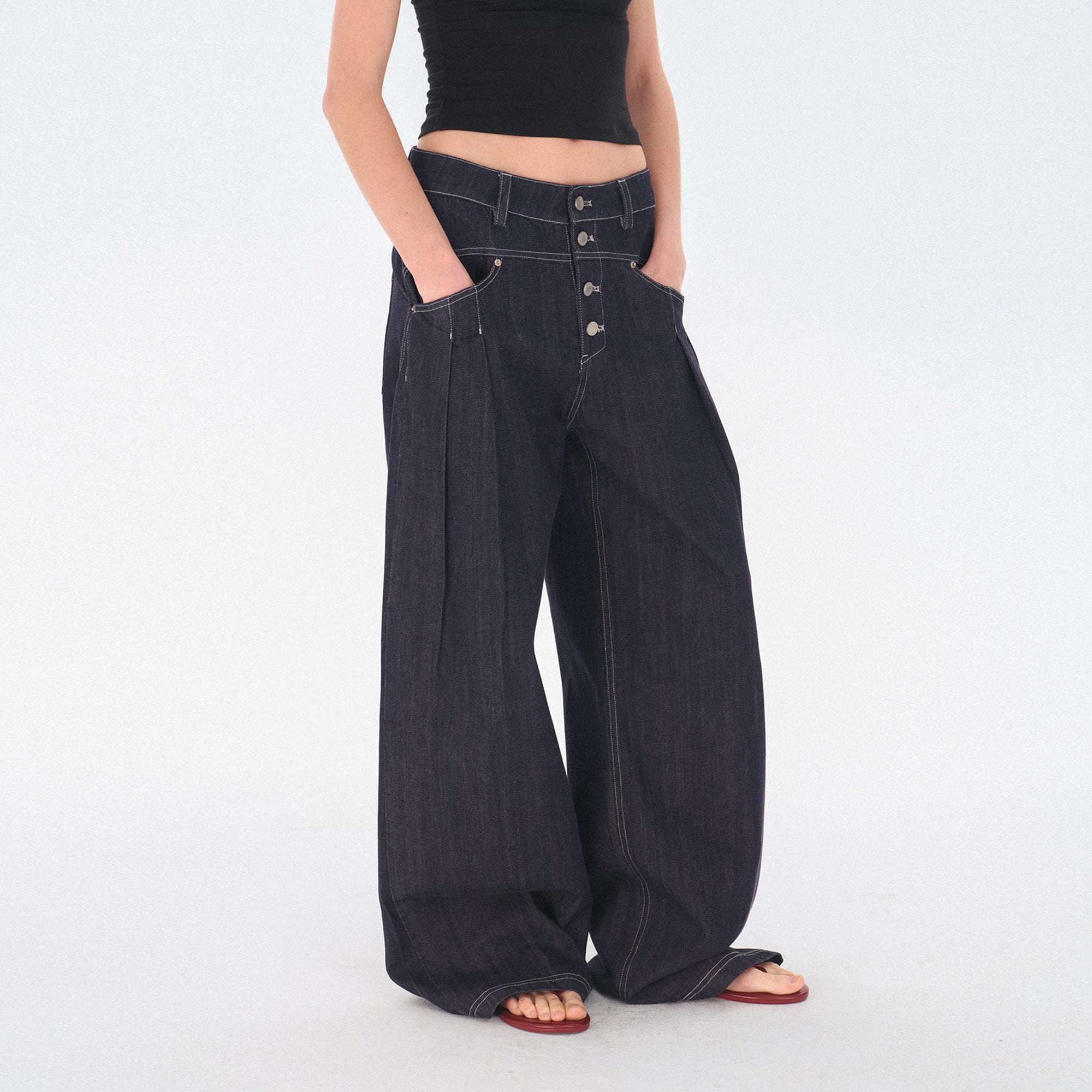 COSTUSTOOT Button-Fly Pleated Wide-Leg Jeans