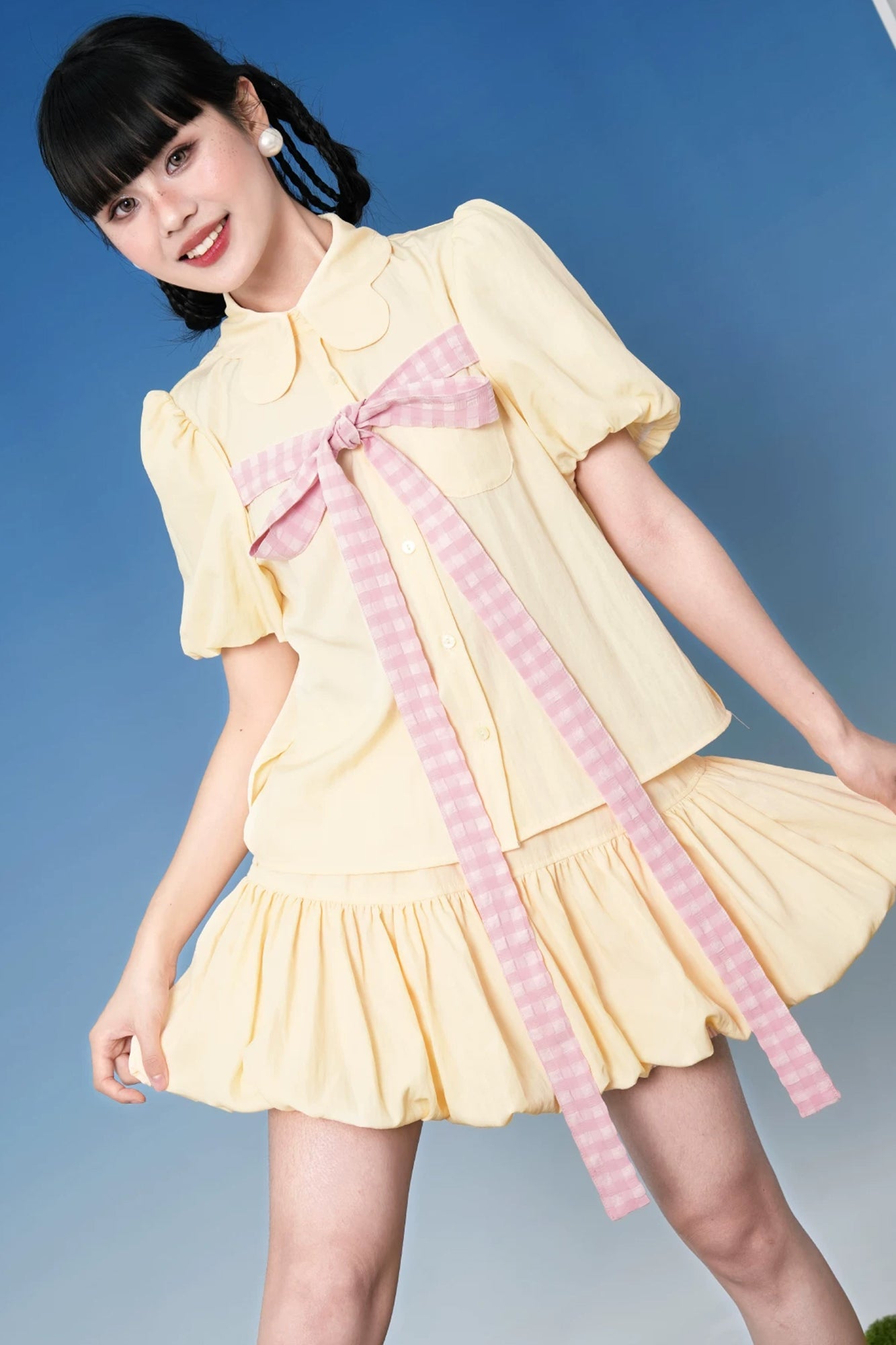 NOPMOB Gingham Bow Half-Shirt & Bubble Hem Skort Set